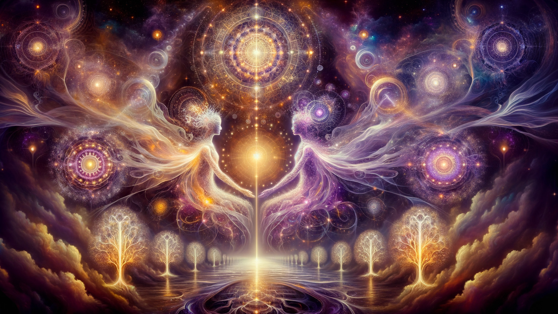 Mystical Scene with Vibrant Colors and Ethereal Figures