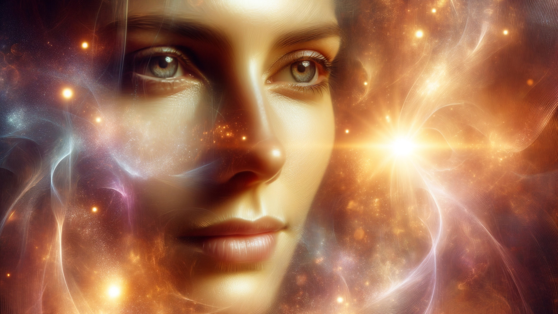 Close-up of a woman's face with cosmic background