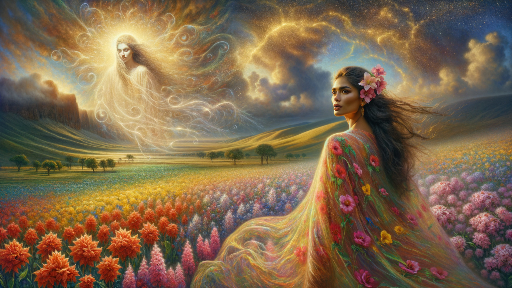 Vibrant Flower Landscape with Ethereal Figure