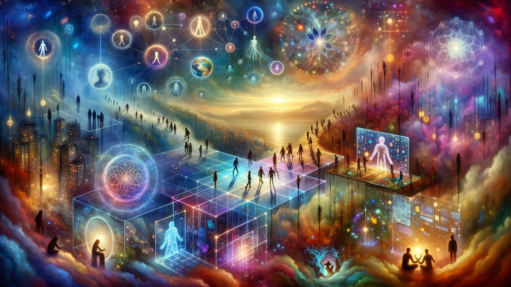Surreal Landscape with Abstract Figures and Celestial Patterns
