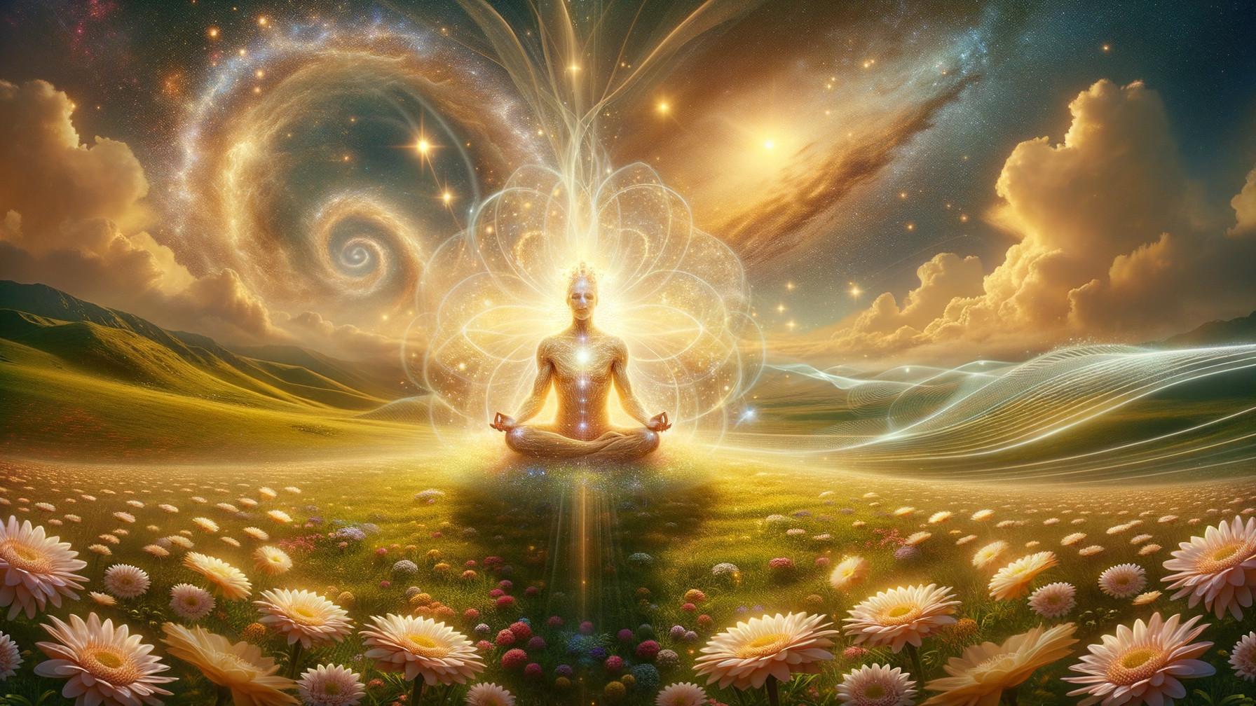 Meditative Figure in a Lush Meadow with Cosmic Sky