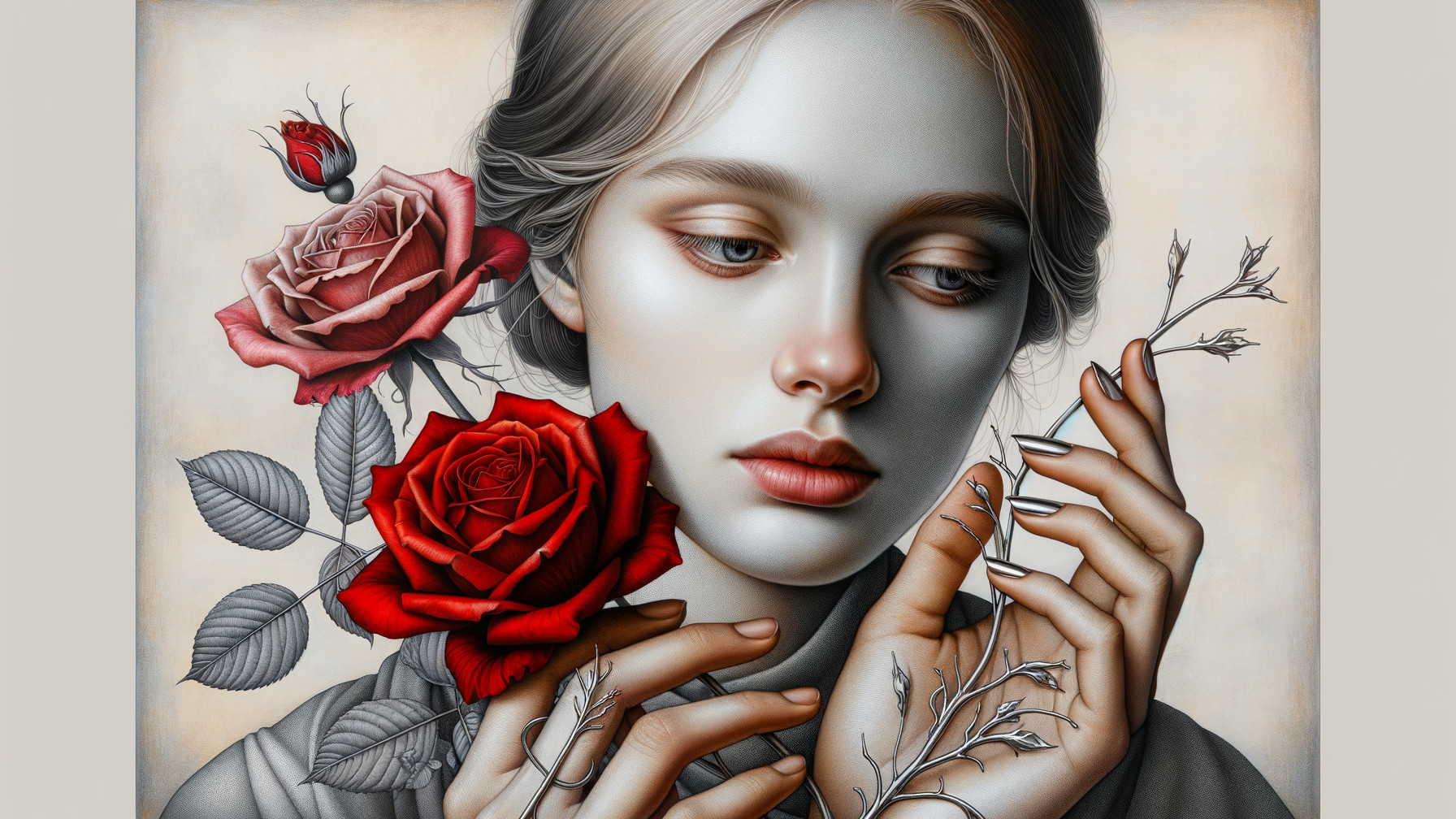 Portrait of a Young Woman with Roses and Nature Elements