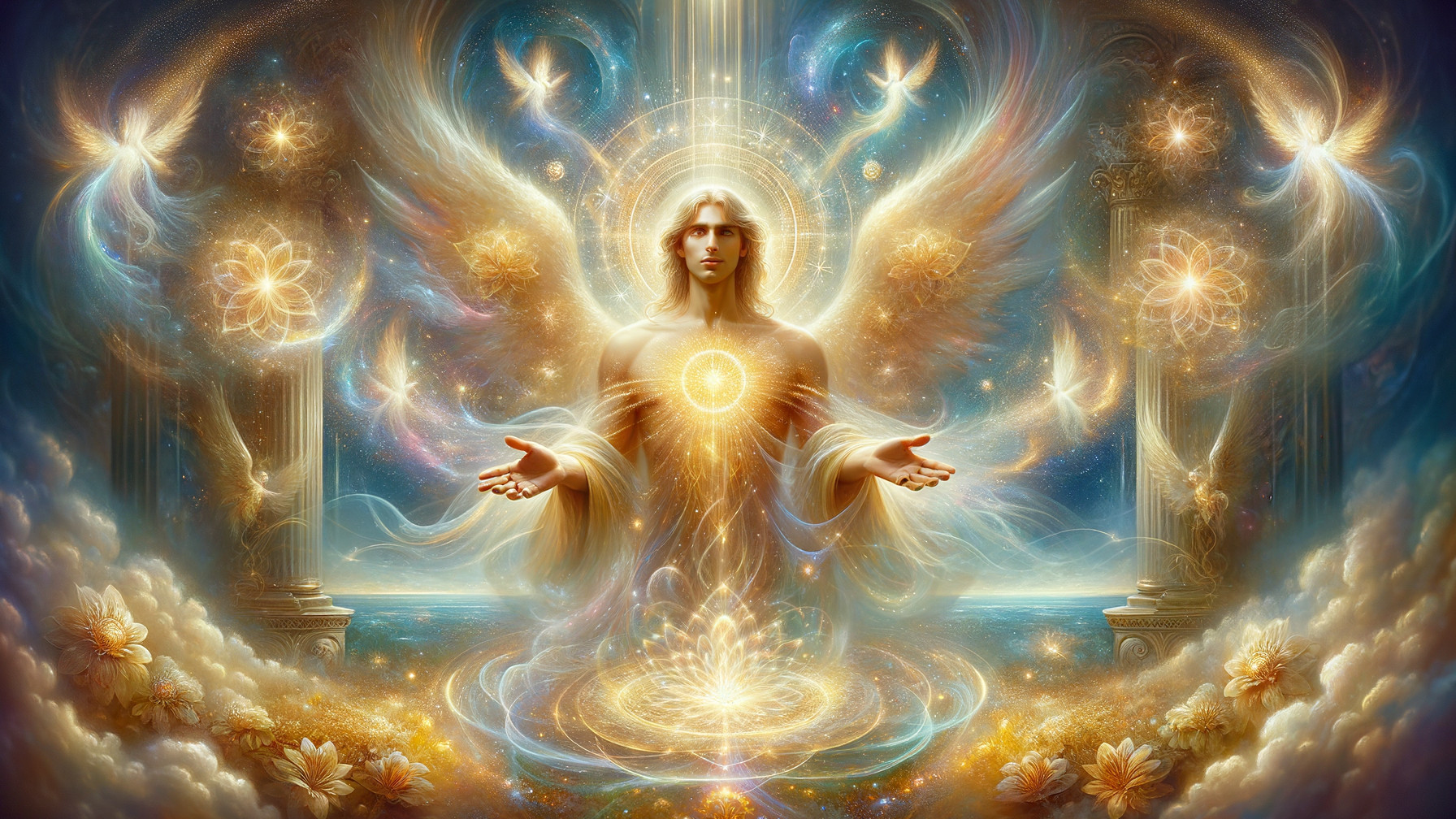 Radiant spiritual artwork of a central male angel
