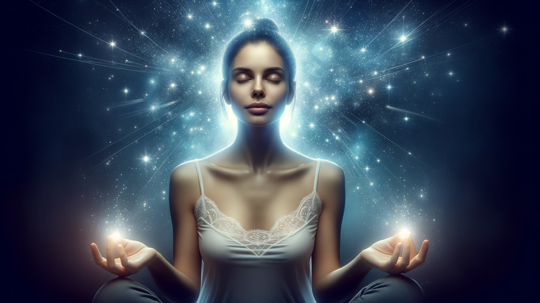 Woman Meditating with Glowing Orbs in Cosmic Aura
