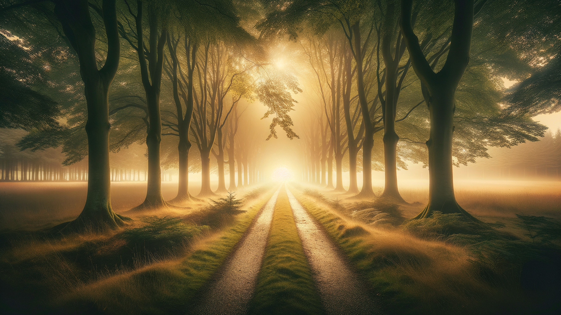 Serene Forest Pathway with Towering Trees and Light