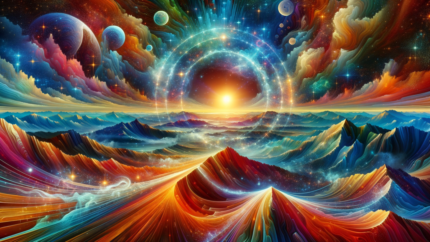 Vibrant Cosmic Landscape with Majestic Mountains
