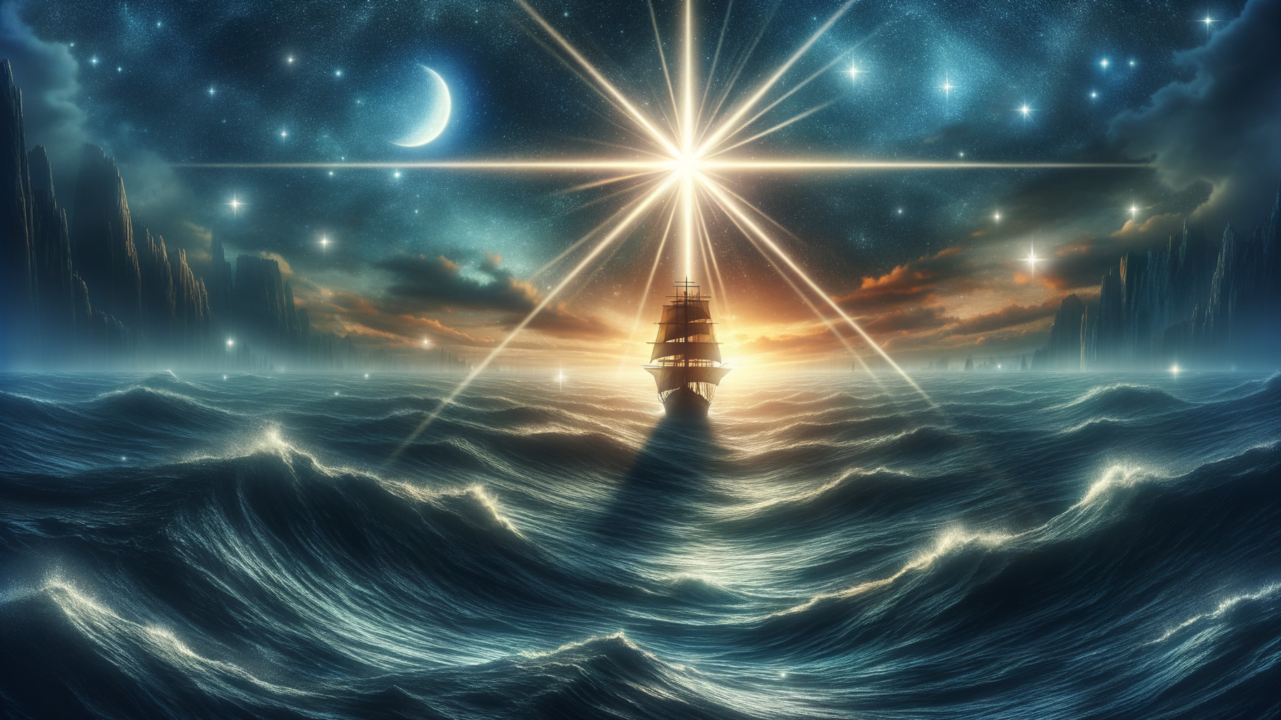 Majestic ship sailing through waves under starry sky