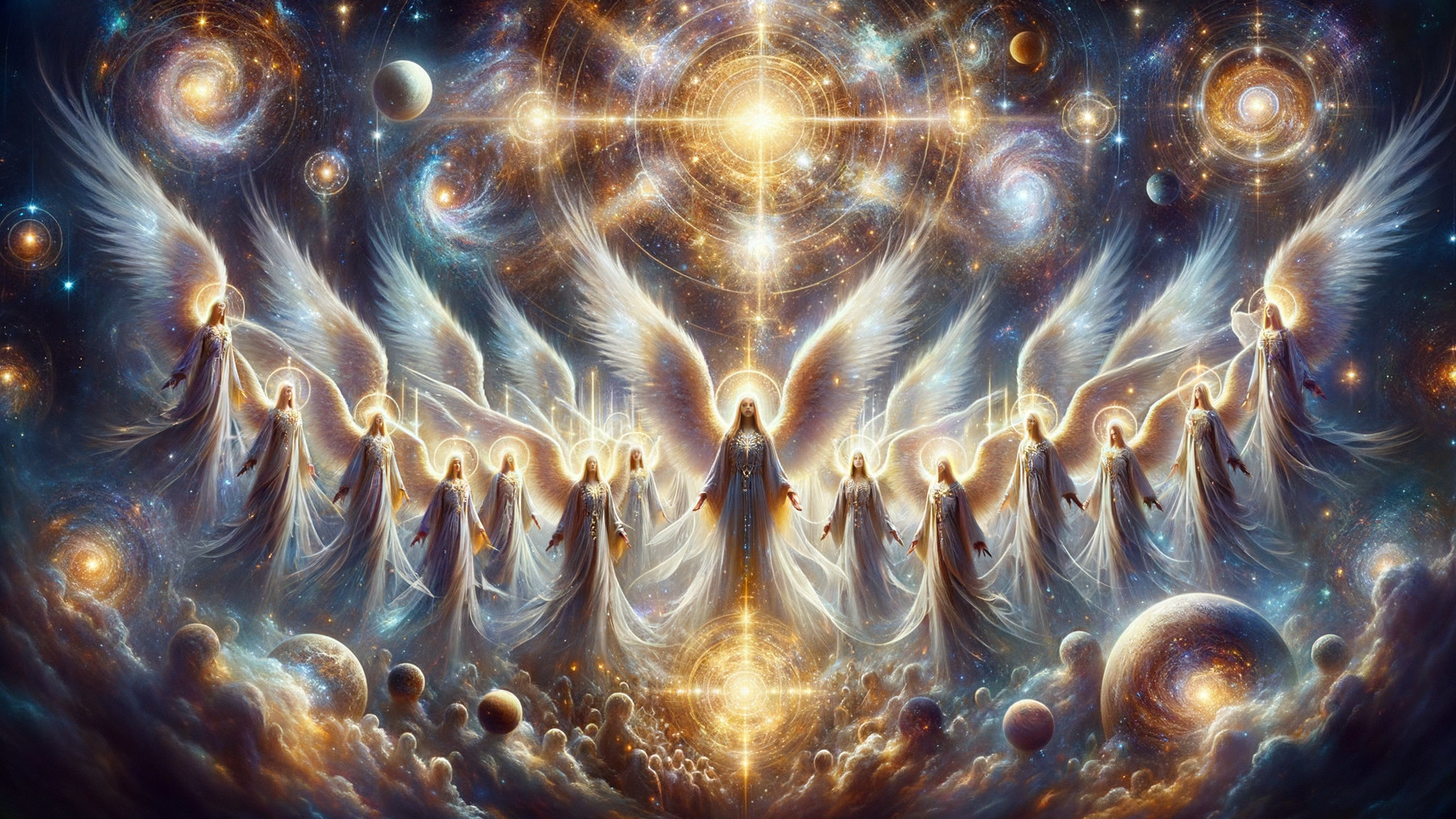 Celestial Scene with Ethereal Winged Figures and Galaxies
