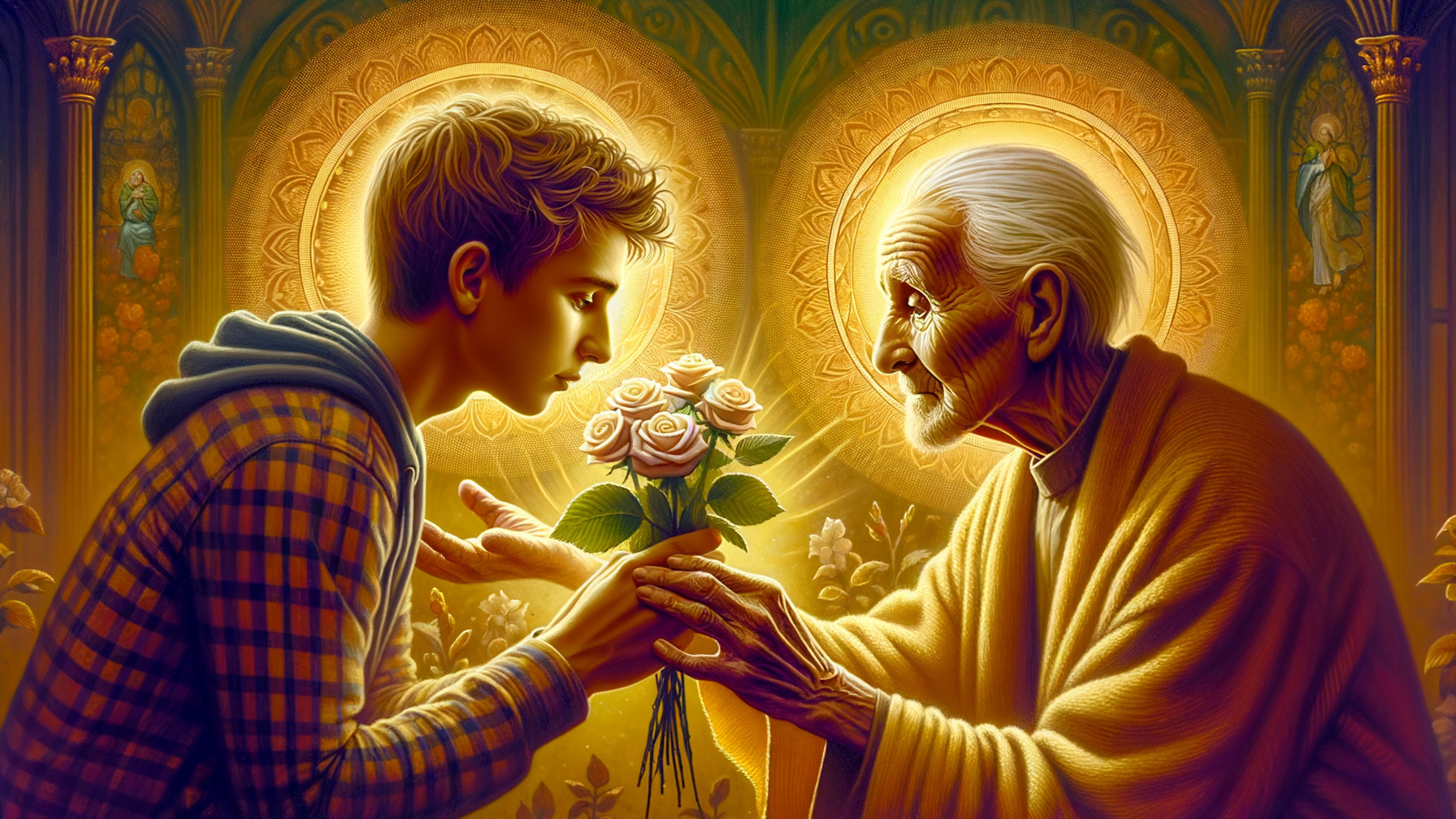 Young Boy Gifts Roses to Elderly Man in Ethereal Setting