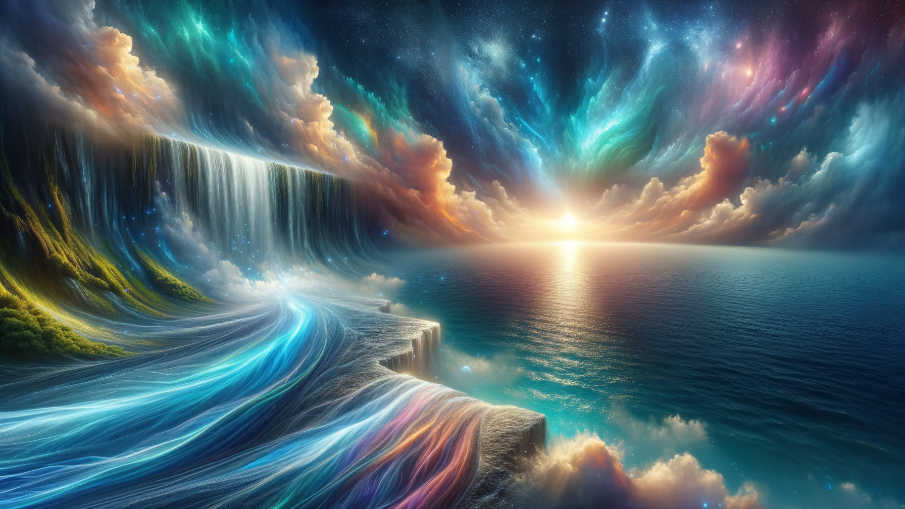 Cascading Waterfalls and Serene Ocean Landscape