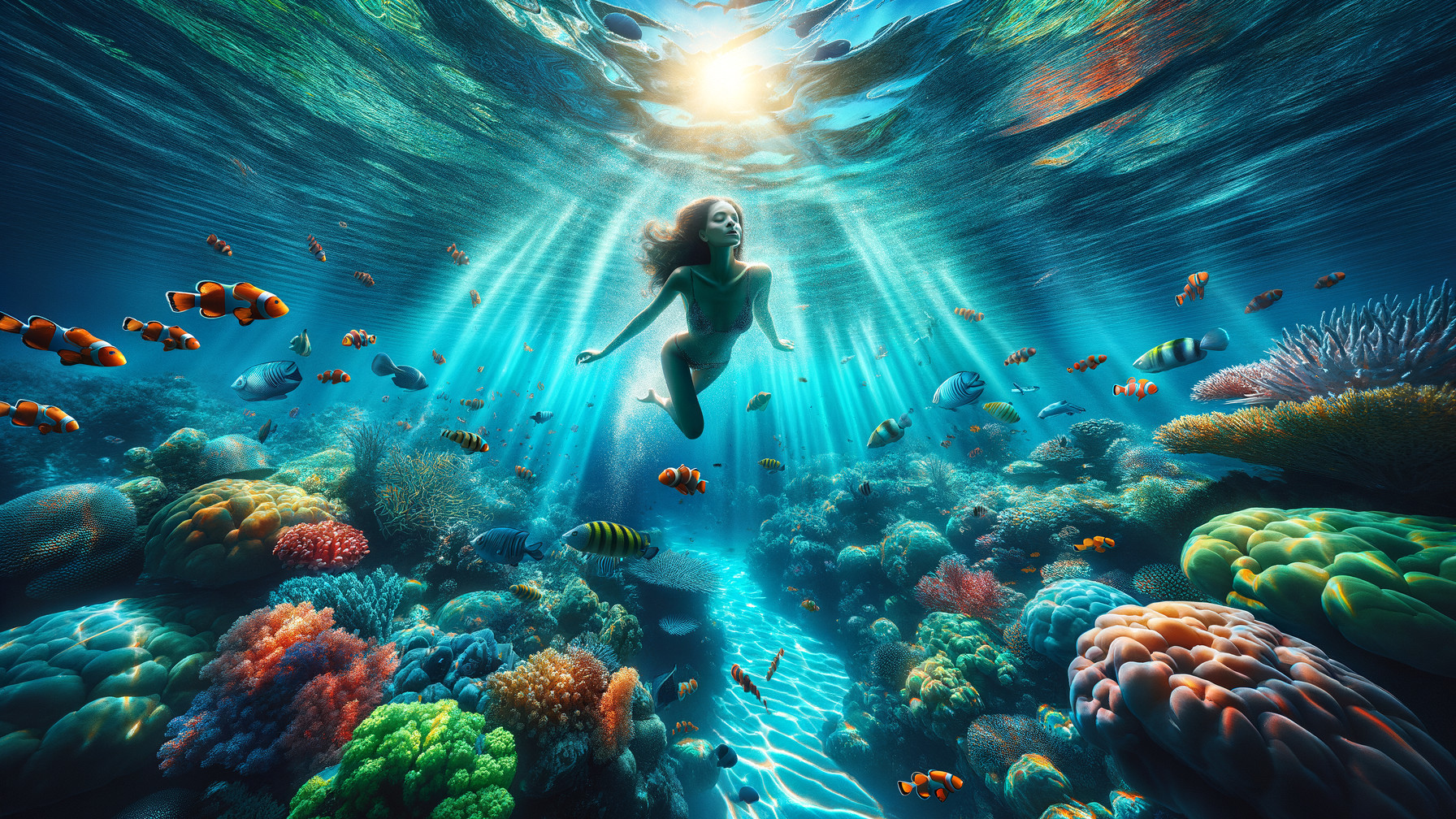 Serene Underwater Scene with Mermaid and Coral Reef