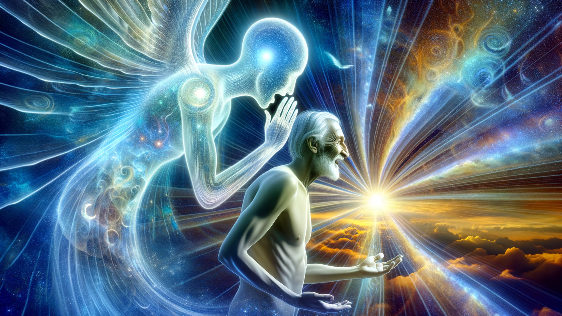 Ethereal Guardian Figure in Cosmic Landscape Scene