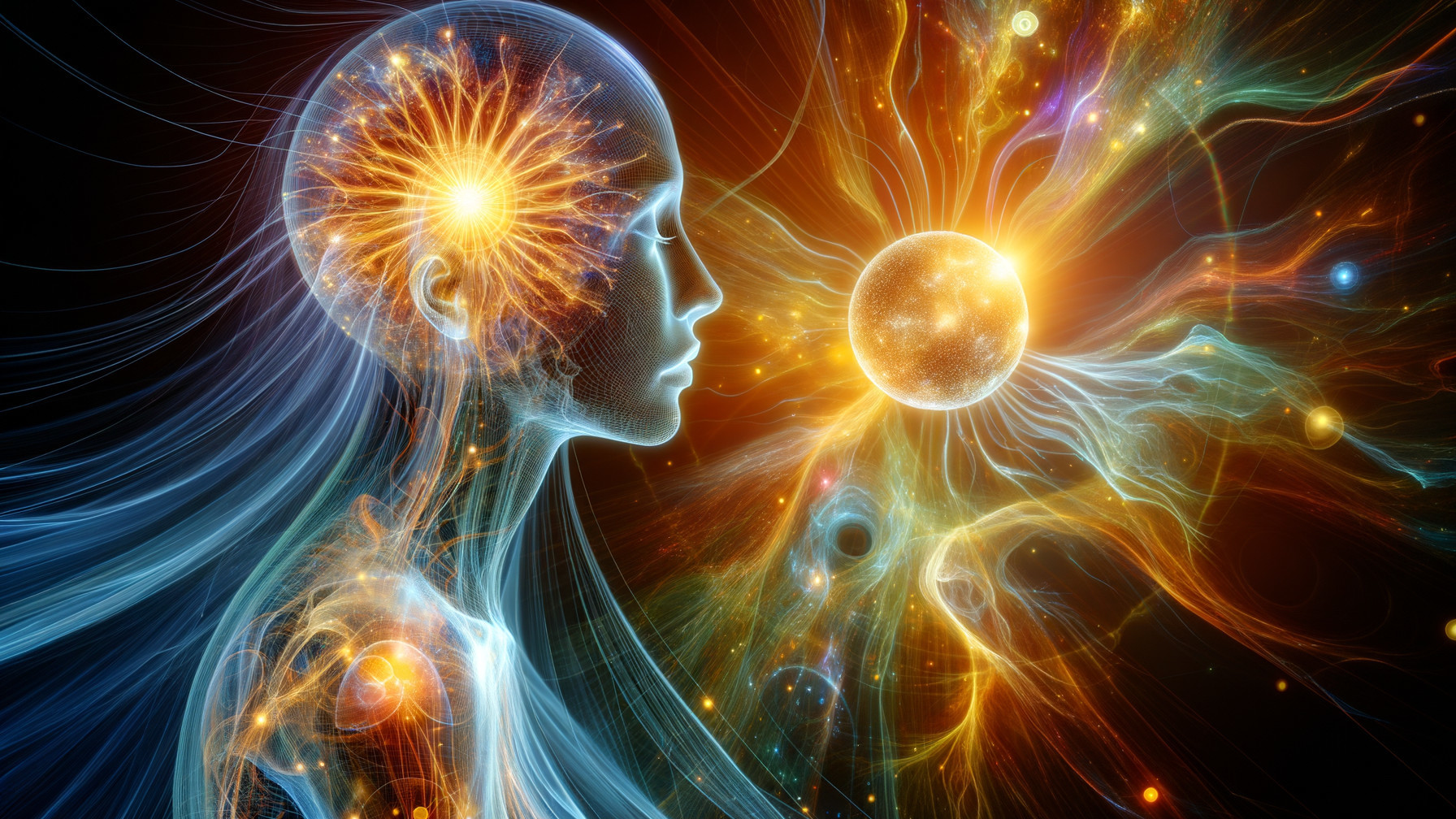 Luminous Human Figure with Radiating Light Patterns