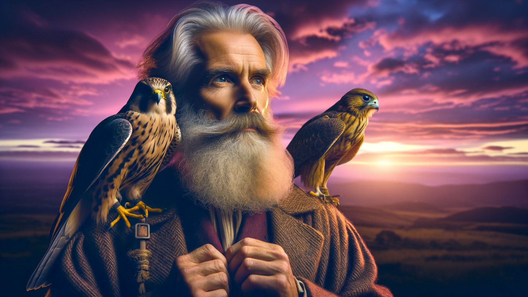 Elderly Man with Falcons Against Sunset Background