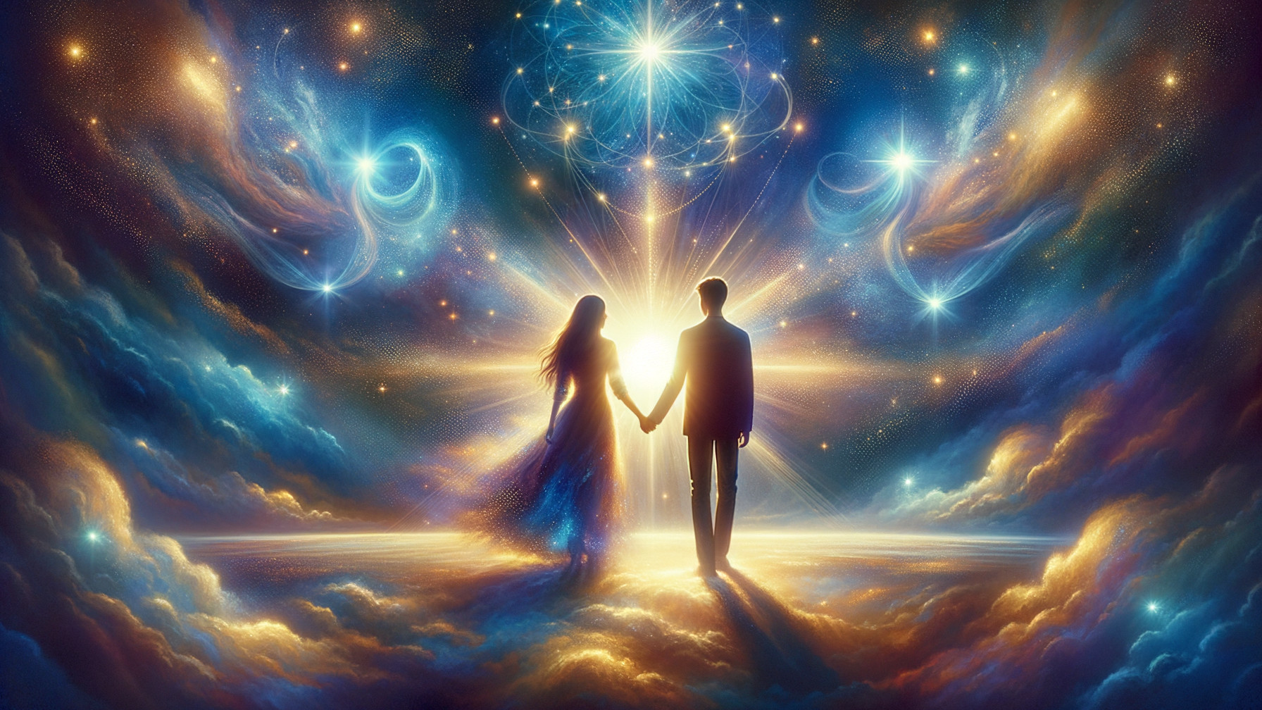 Couple Holding Hands in a Cosmic Dreamlike Scene