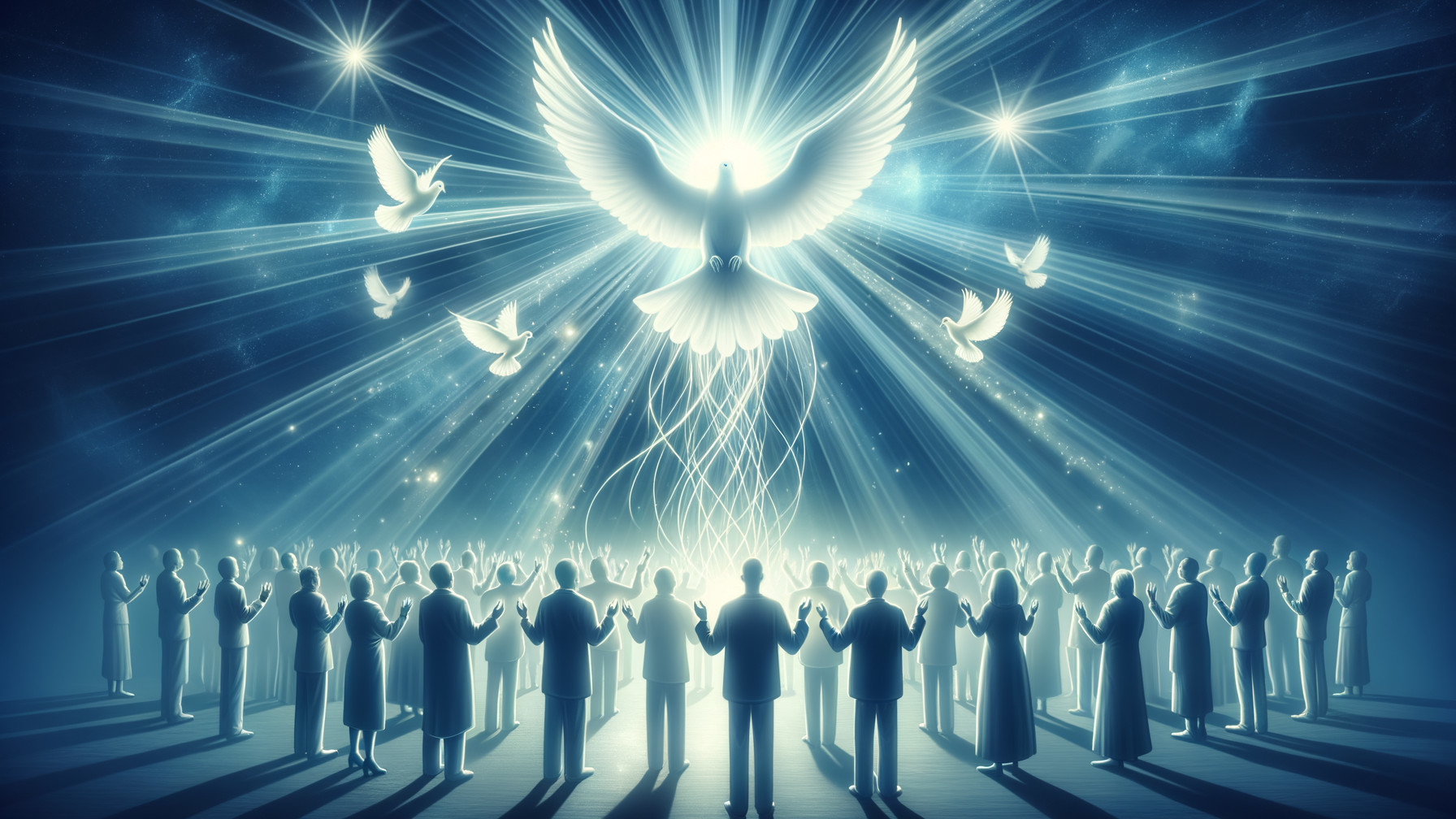 Celestial Scene with Ethereal Figures and Light Streams