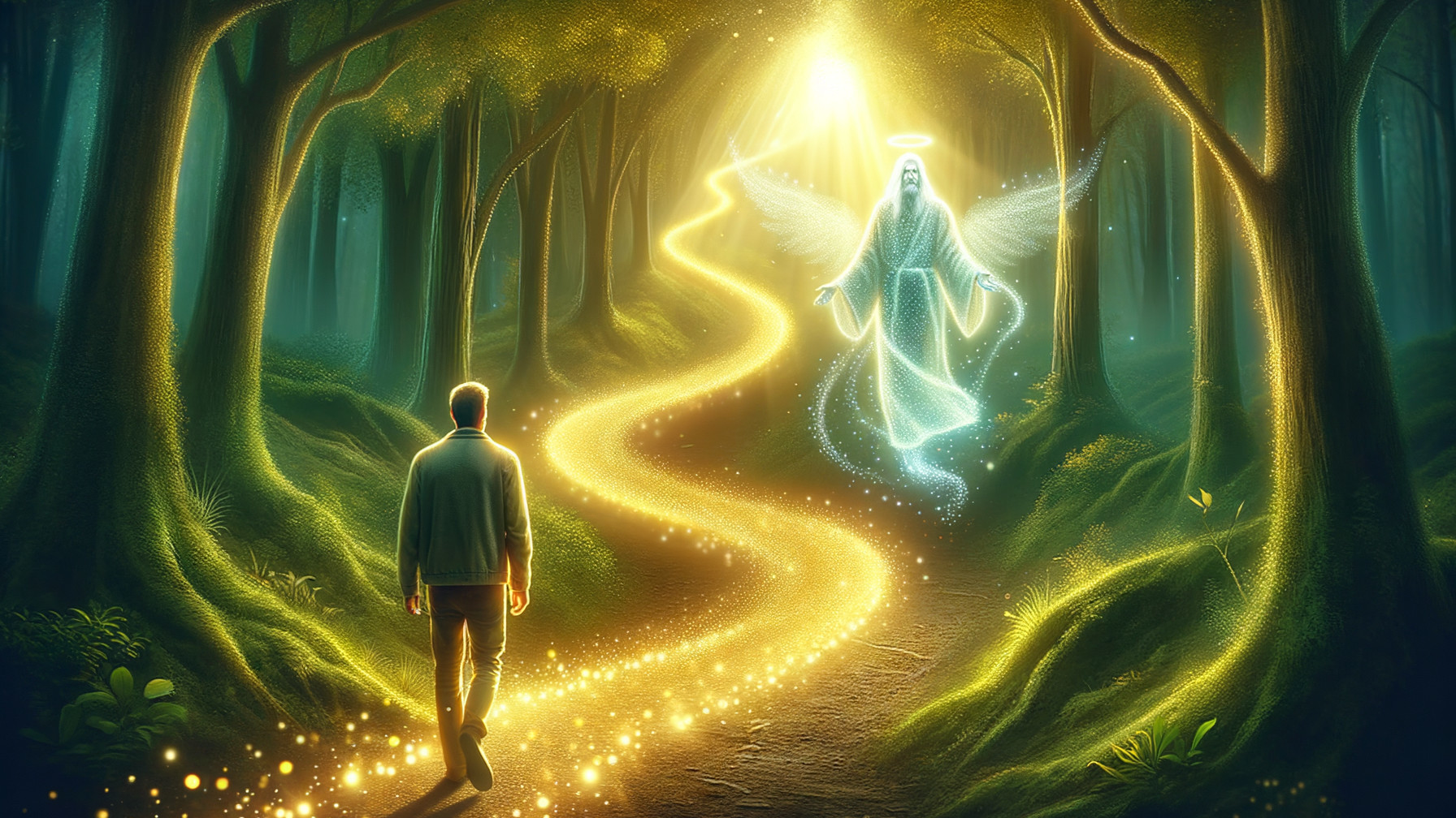 Serene Forest Path with Ethereal Light and Angelic Figure