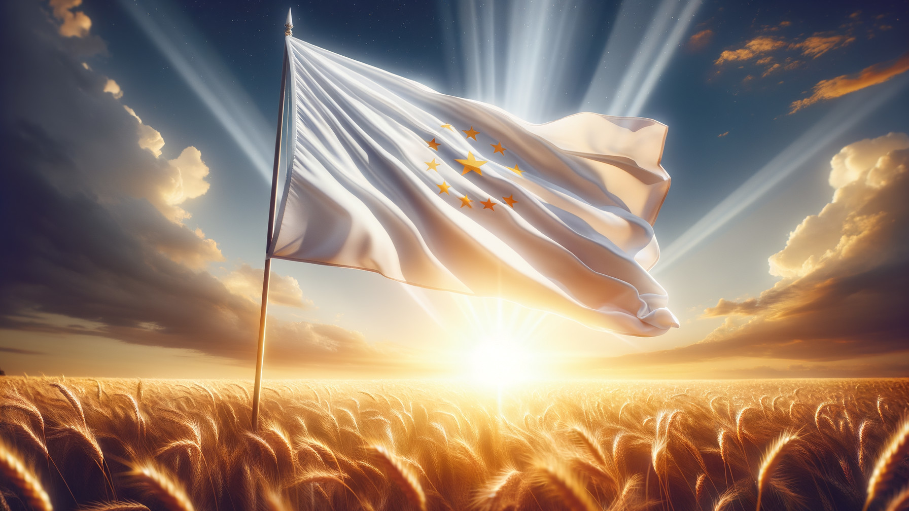 White Flag with Gold Stars and Wheat Field Background