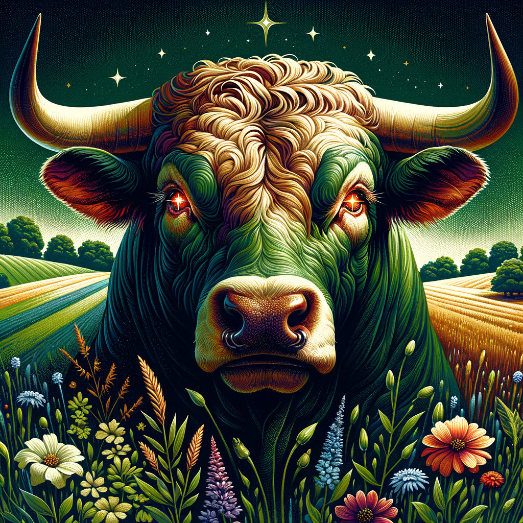 Stylized illustration of a bull in a vibrant landscape