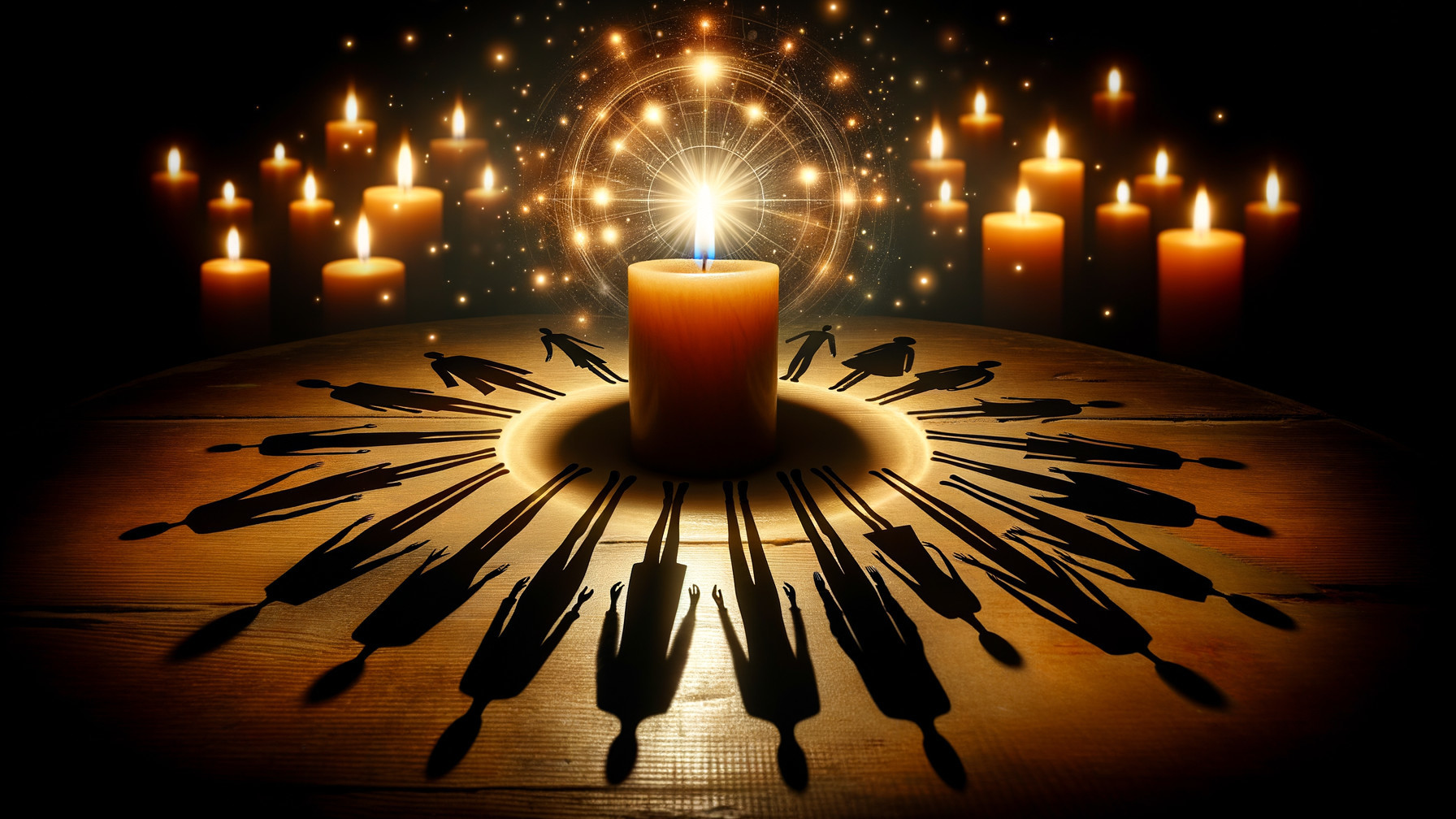 Circular Shadows and Glowing Candles on Wood Surface