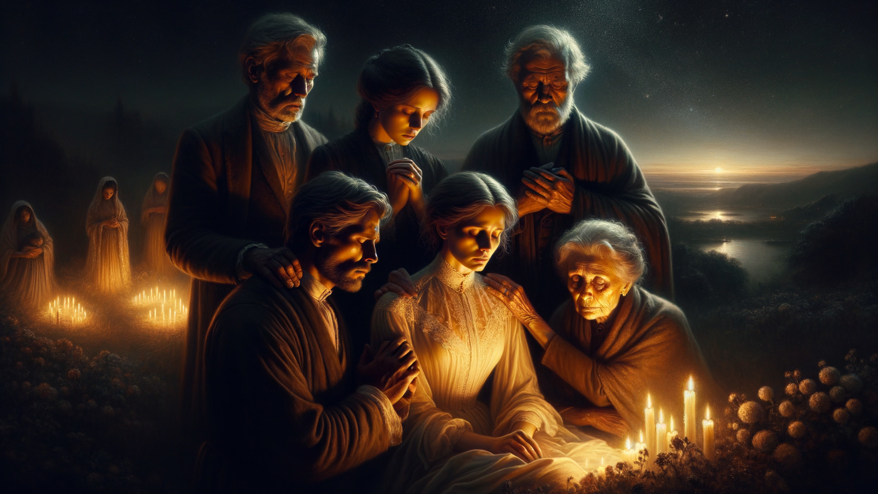 Gathering of Six Figures in a Dimly Lit Scene