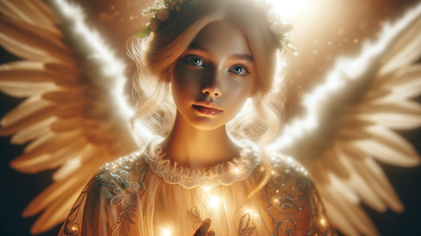 Luminous Figure with Ethereal Wings and Floral Crown