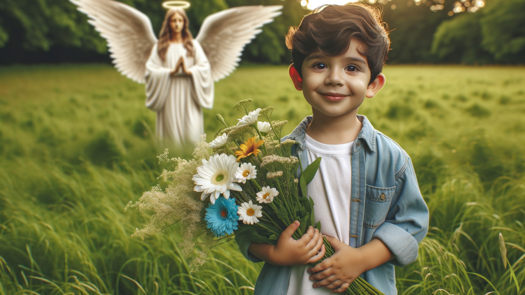 Young boy with flowers in a serene green field