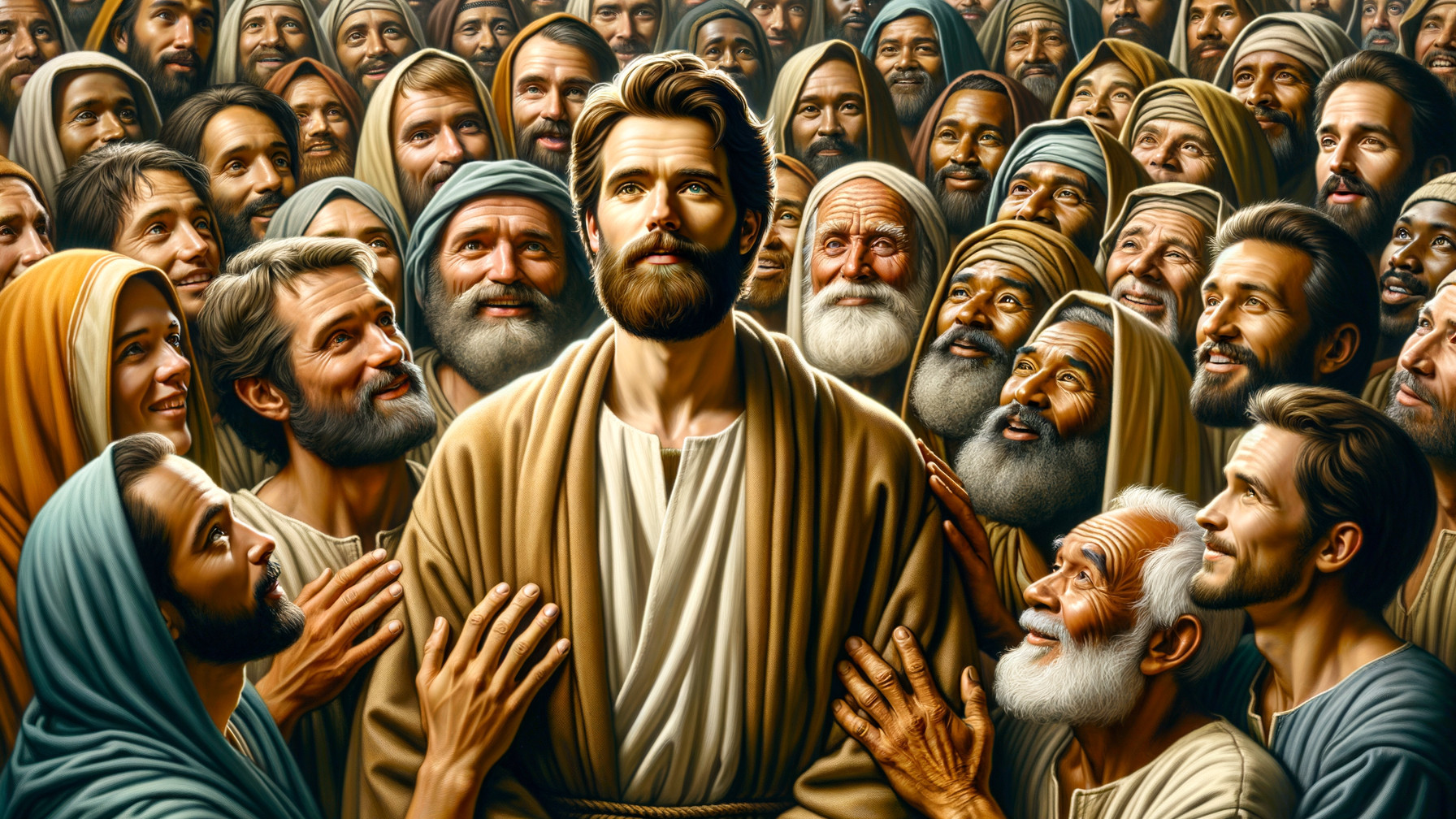 Realistic Painting of Jesus Surrounded by Diverse Men
