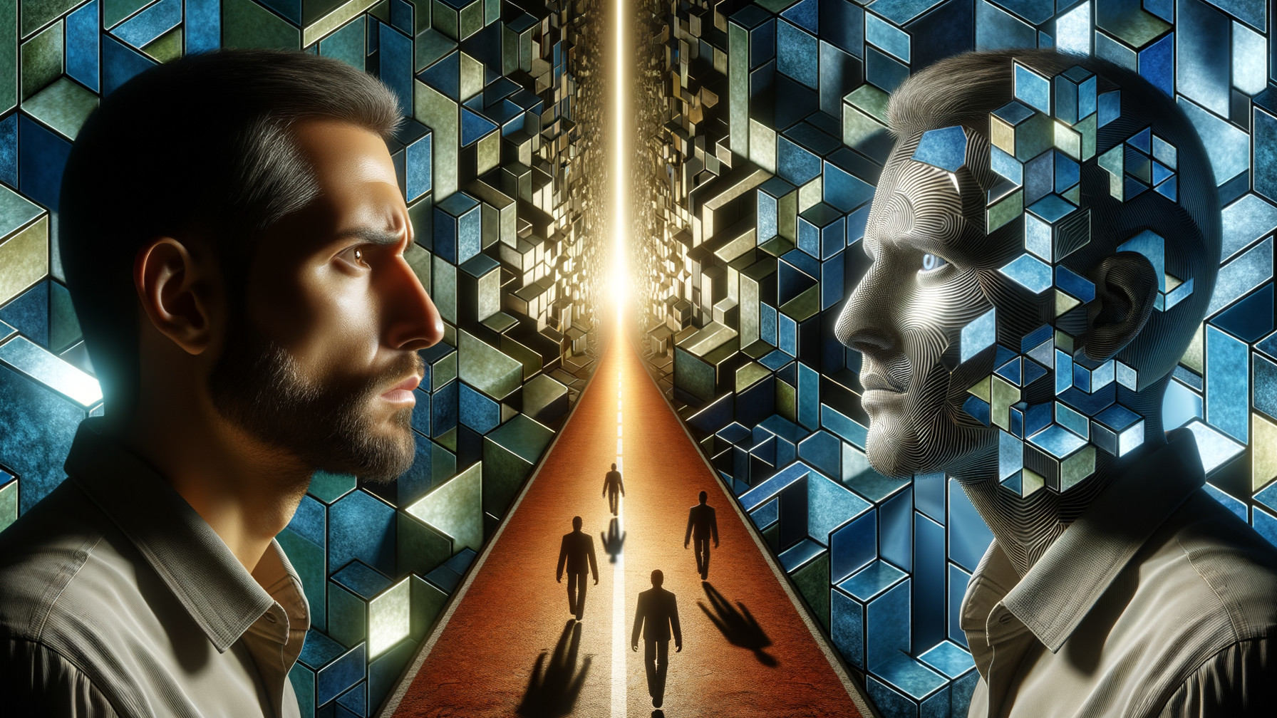 Surreal Scene of Dual Faces and Light Corridor