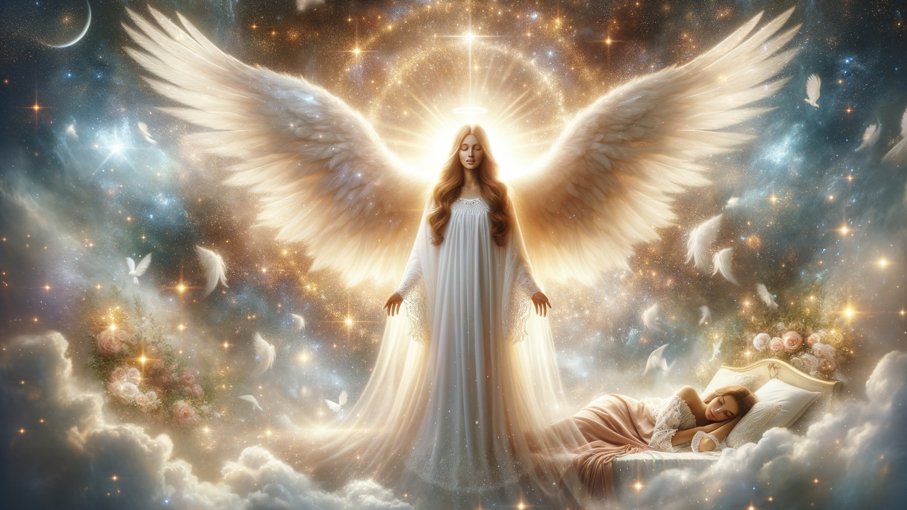 Radiant Angel Above Peaceful Sleeper in Ethereal Scene