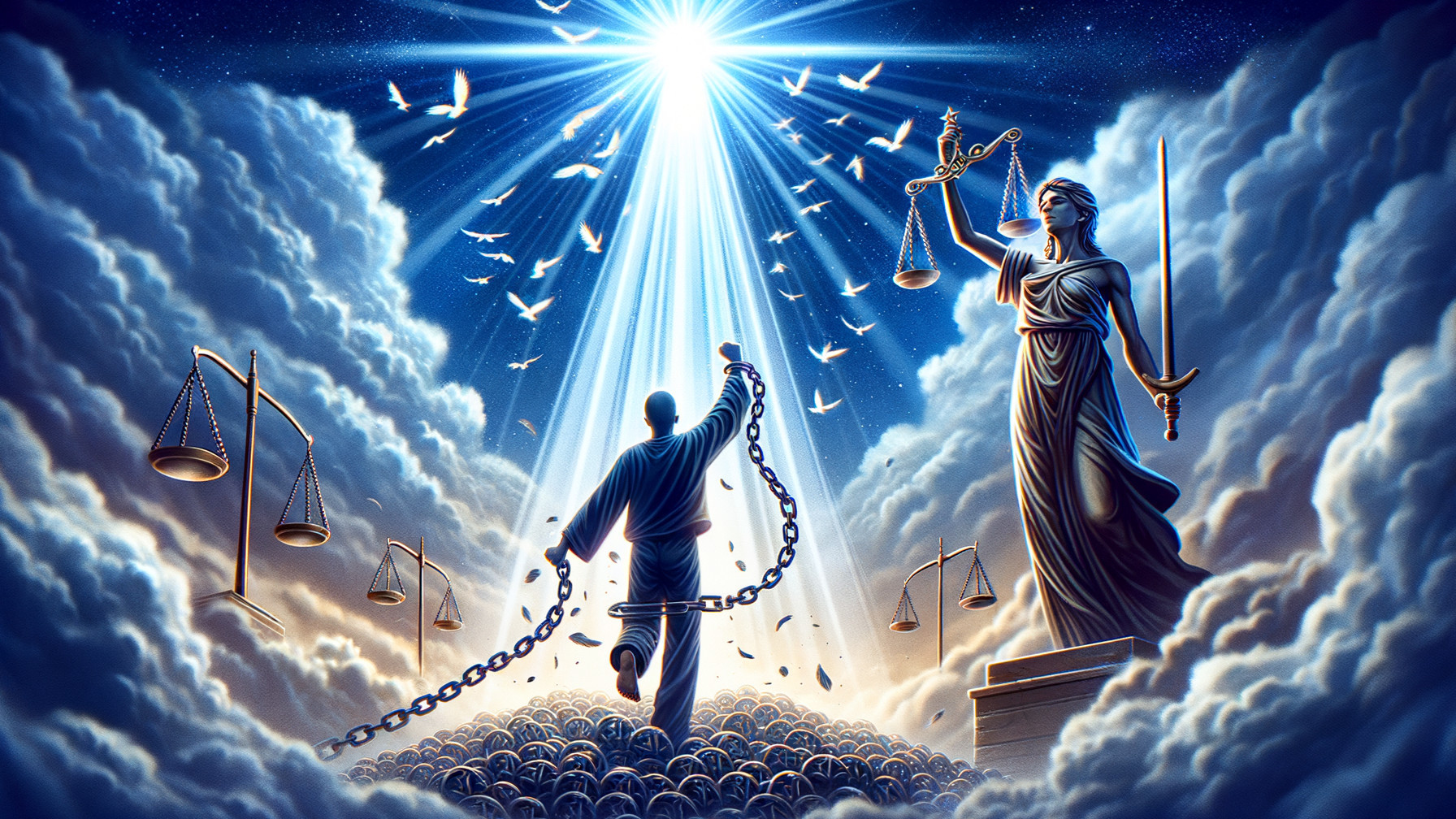 Digital painting of a man breaking chains towards light