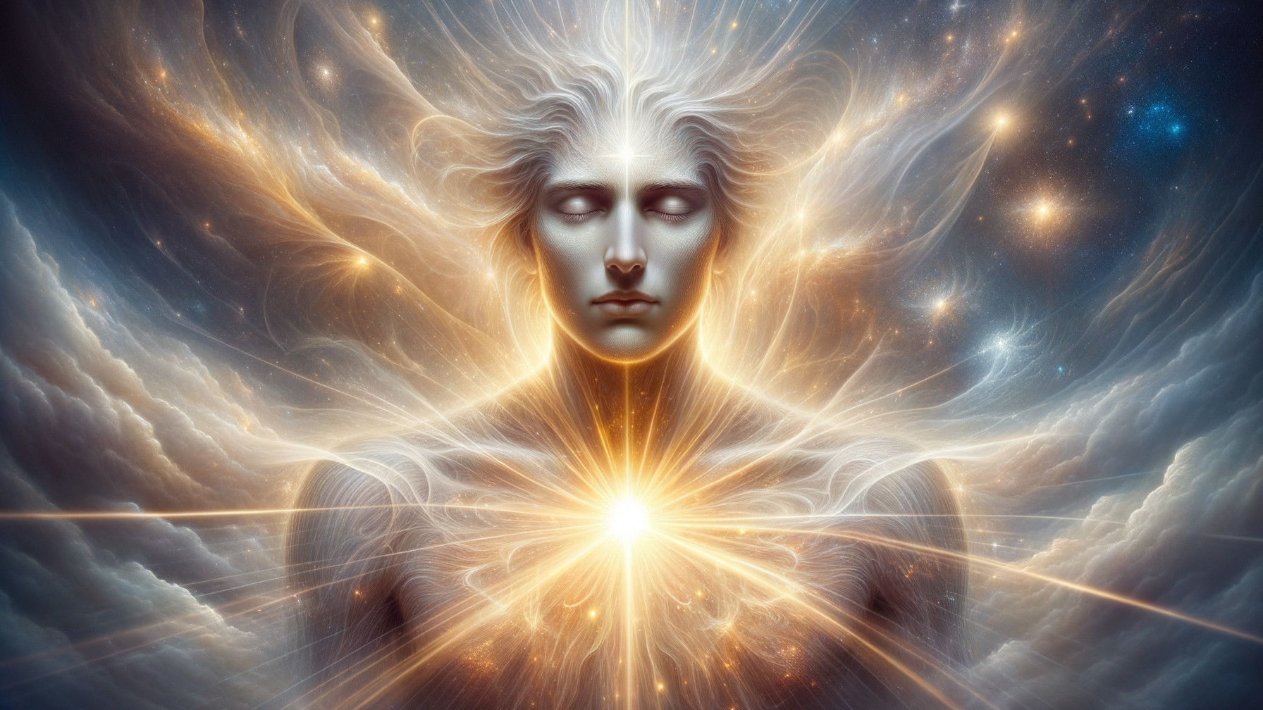 Ethereal Figure Against Cosmic Backdrop with Stars