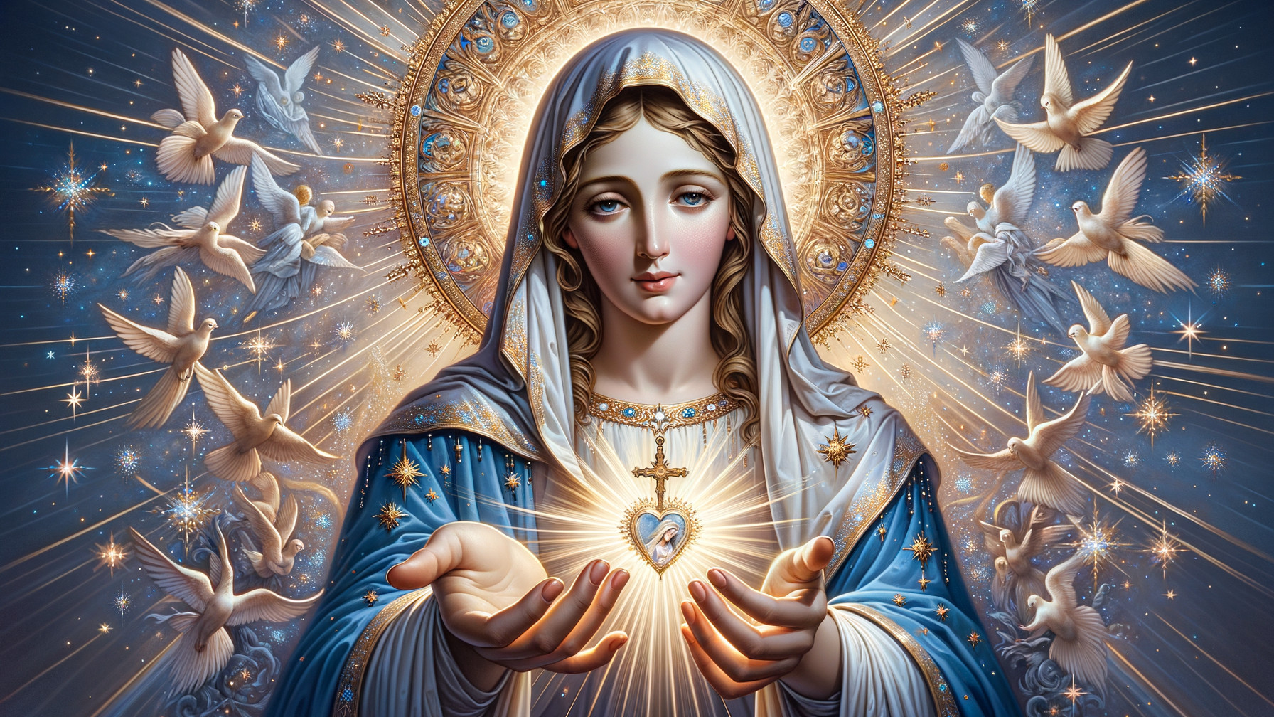 Virgin Mary in Blue Robe with Starry Night Background