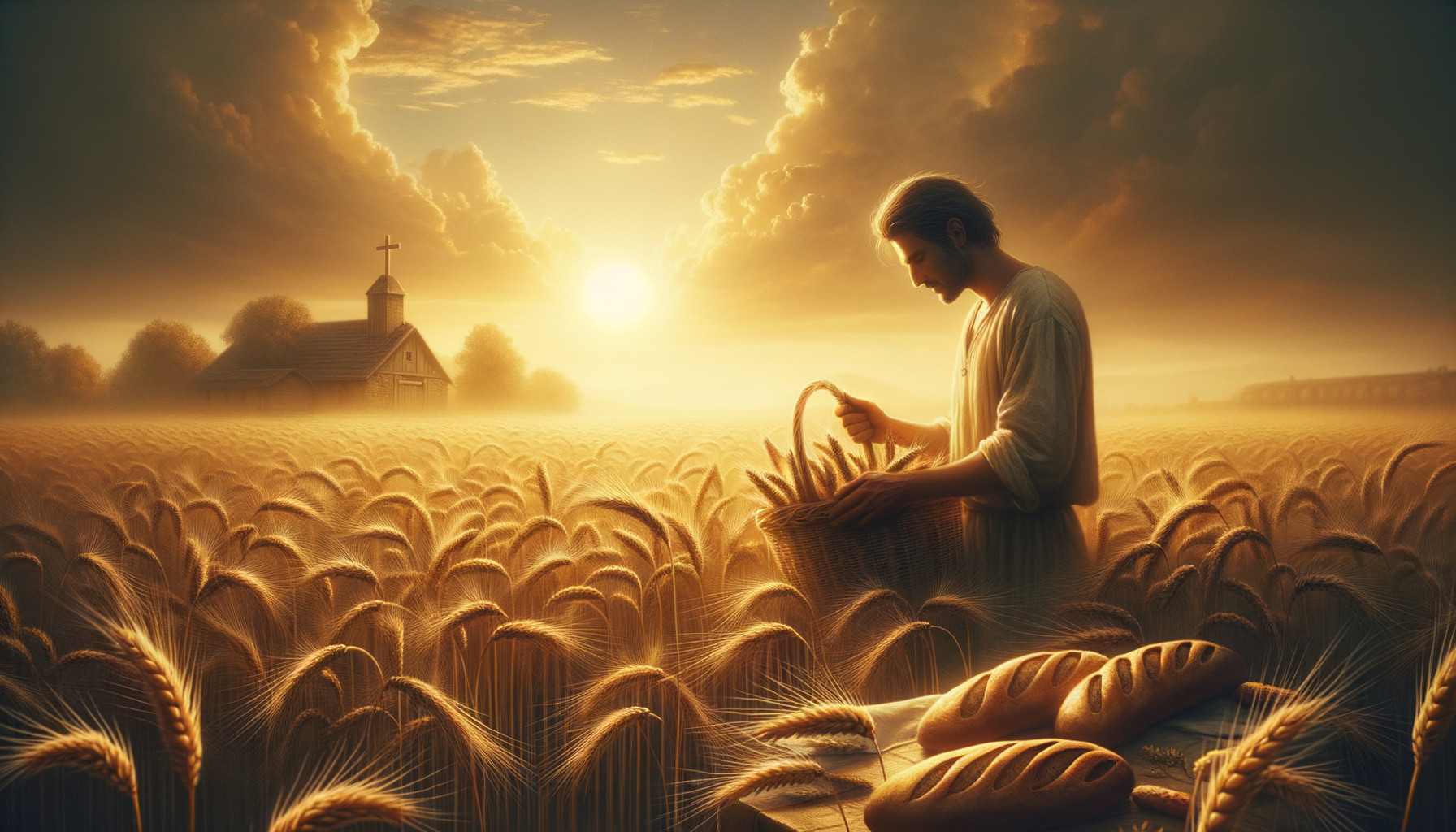 Serene Rural Sunset with Wheat Gathering and Bread