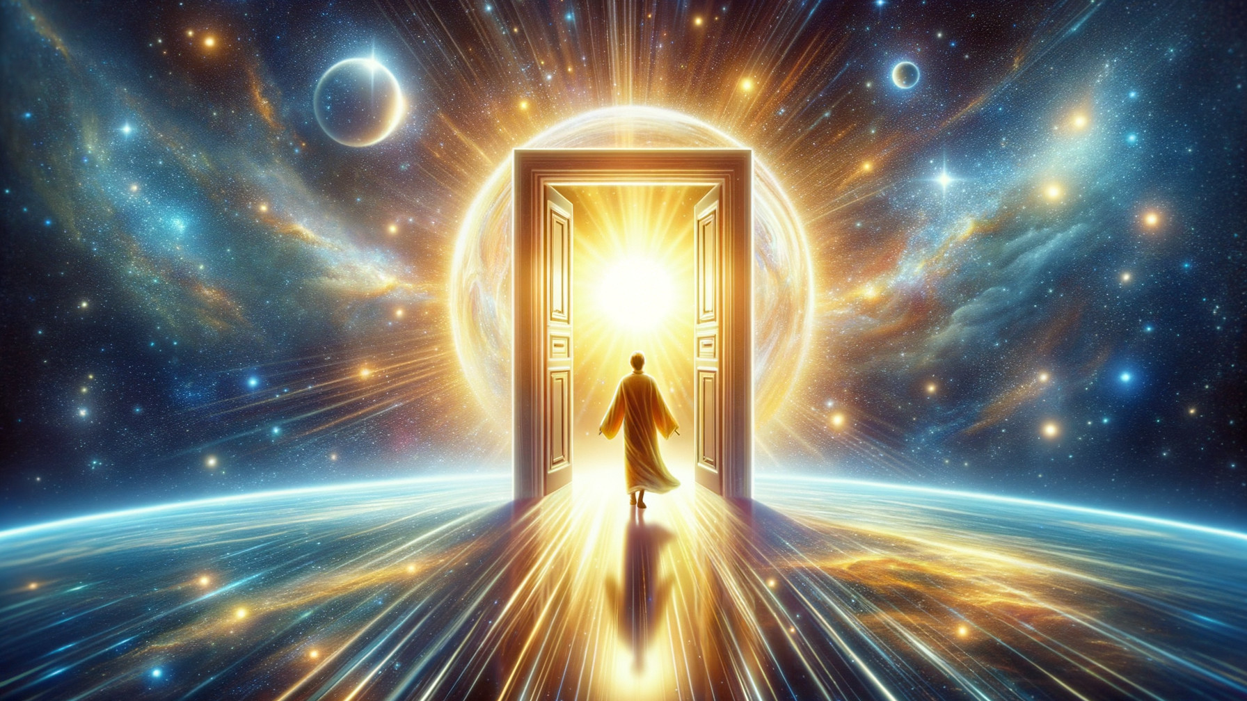 Cosmic Scene with Figure and Illuminated Doorway