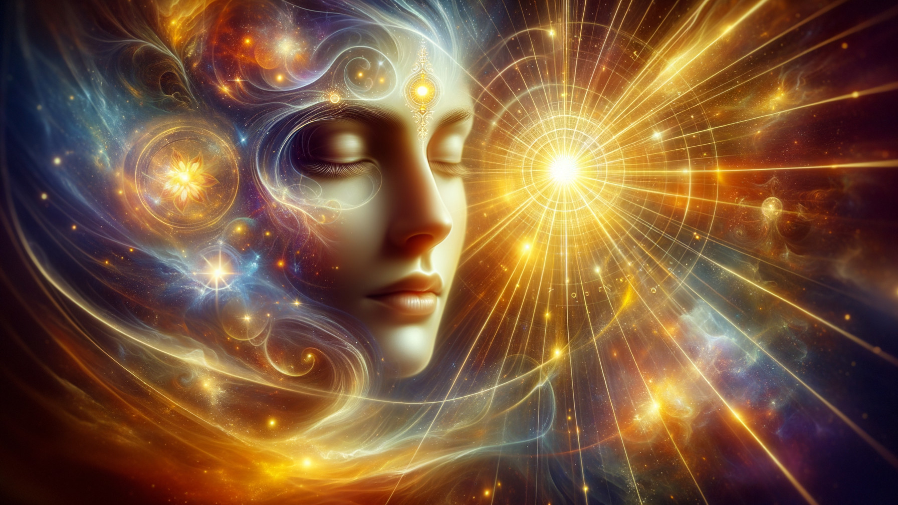 Ethereal Face in Cosmic Colorful Backdrop