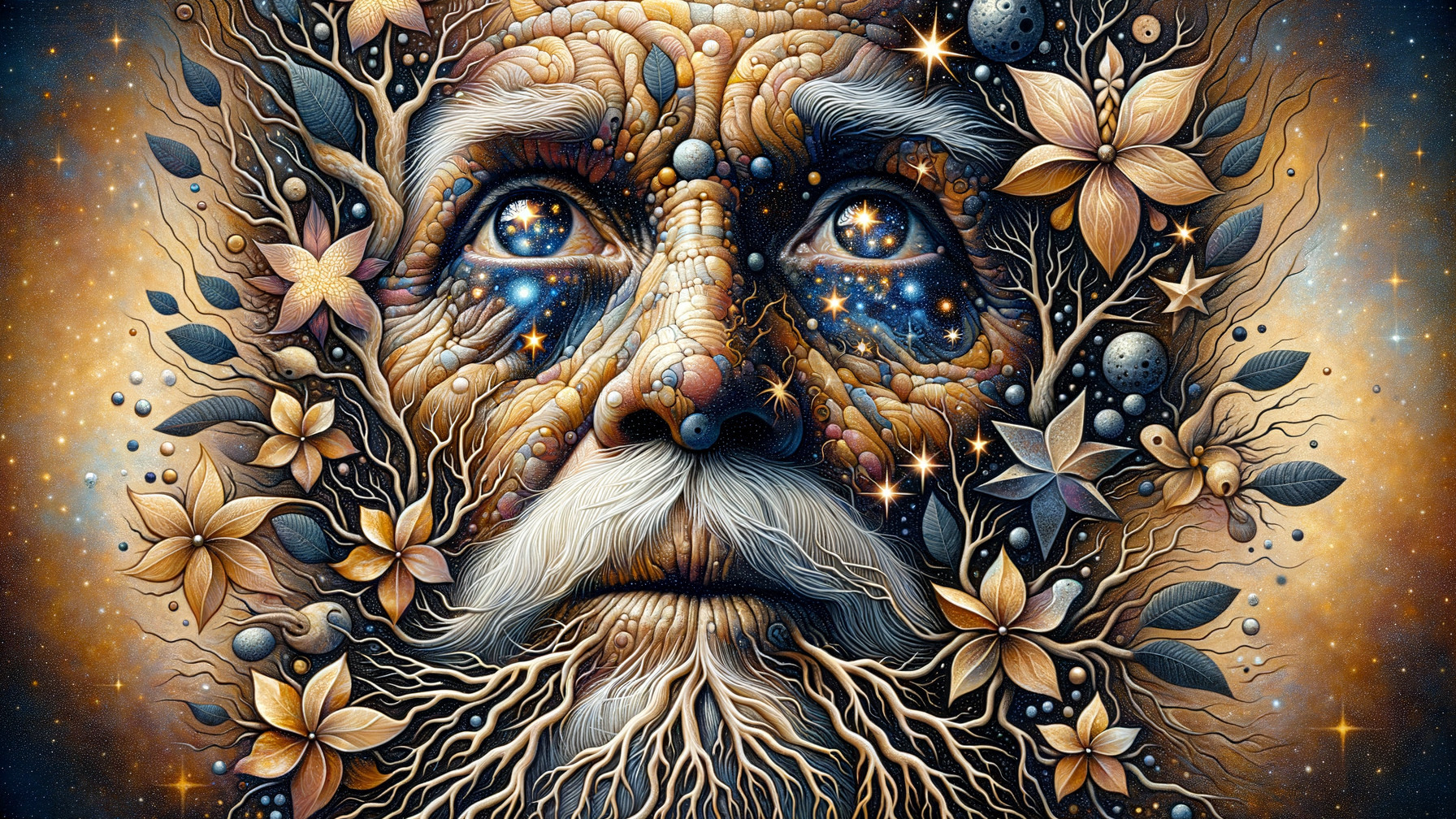 Mystical Face Surrounded by Organic Patterns and Nature