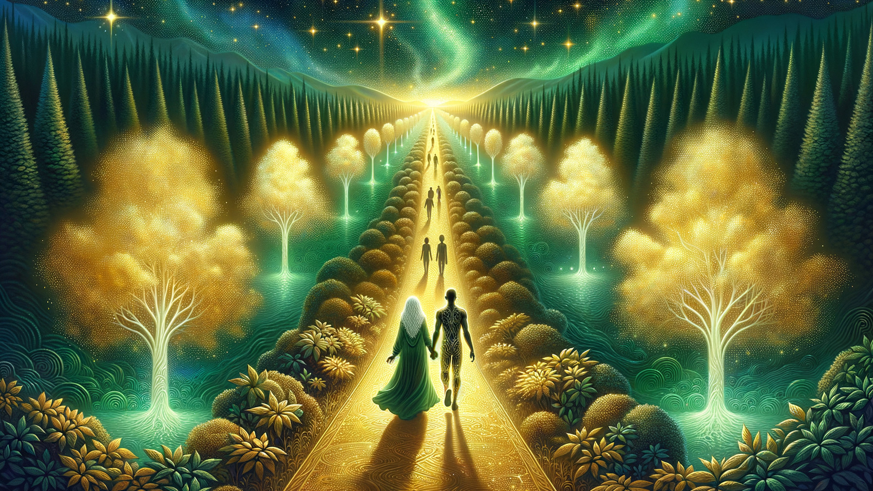 Mystical Scene of Glowing Path and Golden Trees