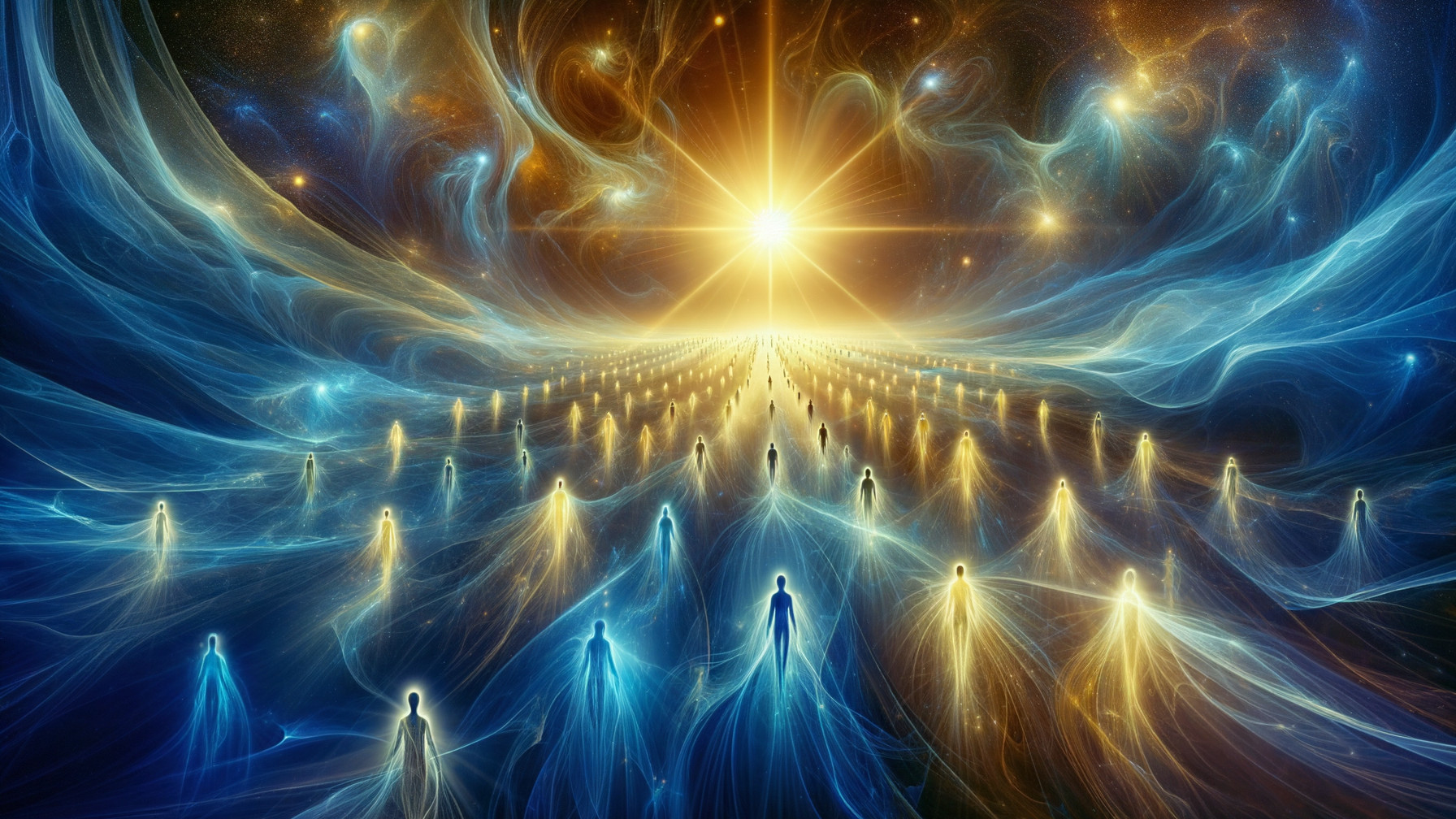 Ethereal Cosmic Scene with Glowing Figures and Light