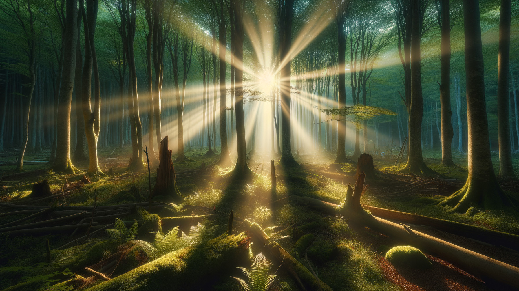 Serene forest scene with sunlight and mist effects