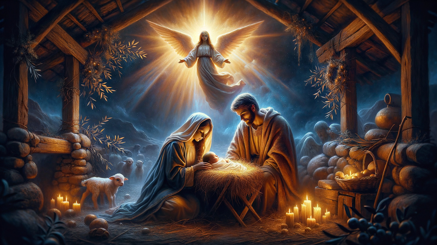 Detailed Nativity Scene Illustration at Night