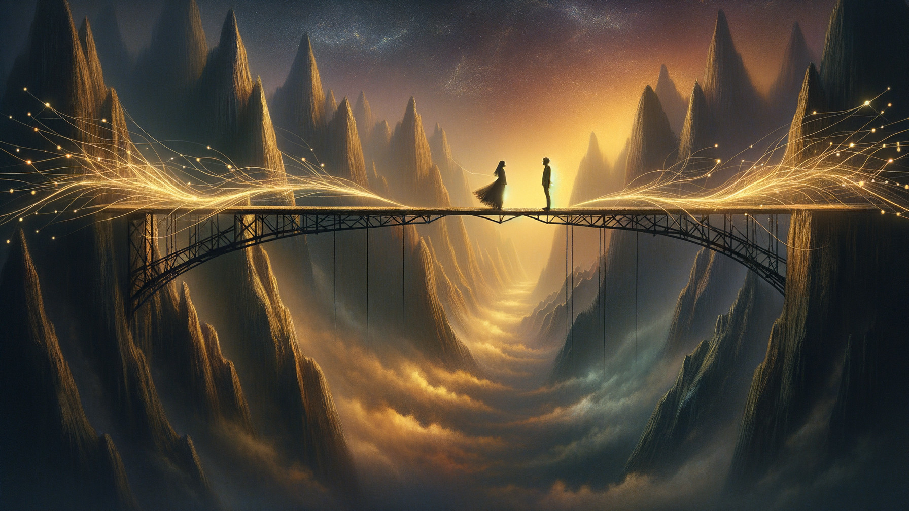 Surreal Landscape with Figures on a Futuristic Bridge
