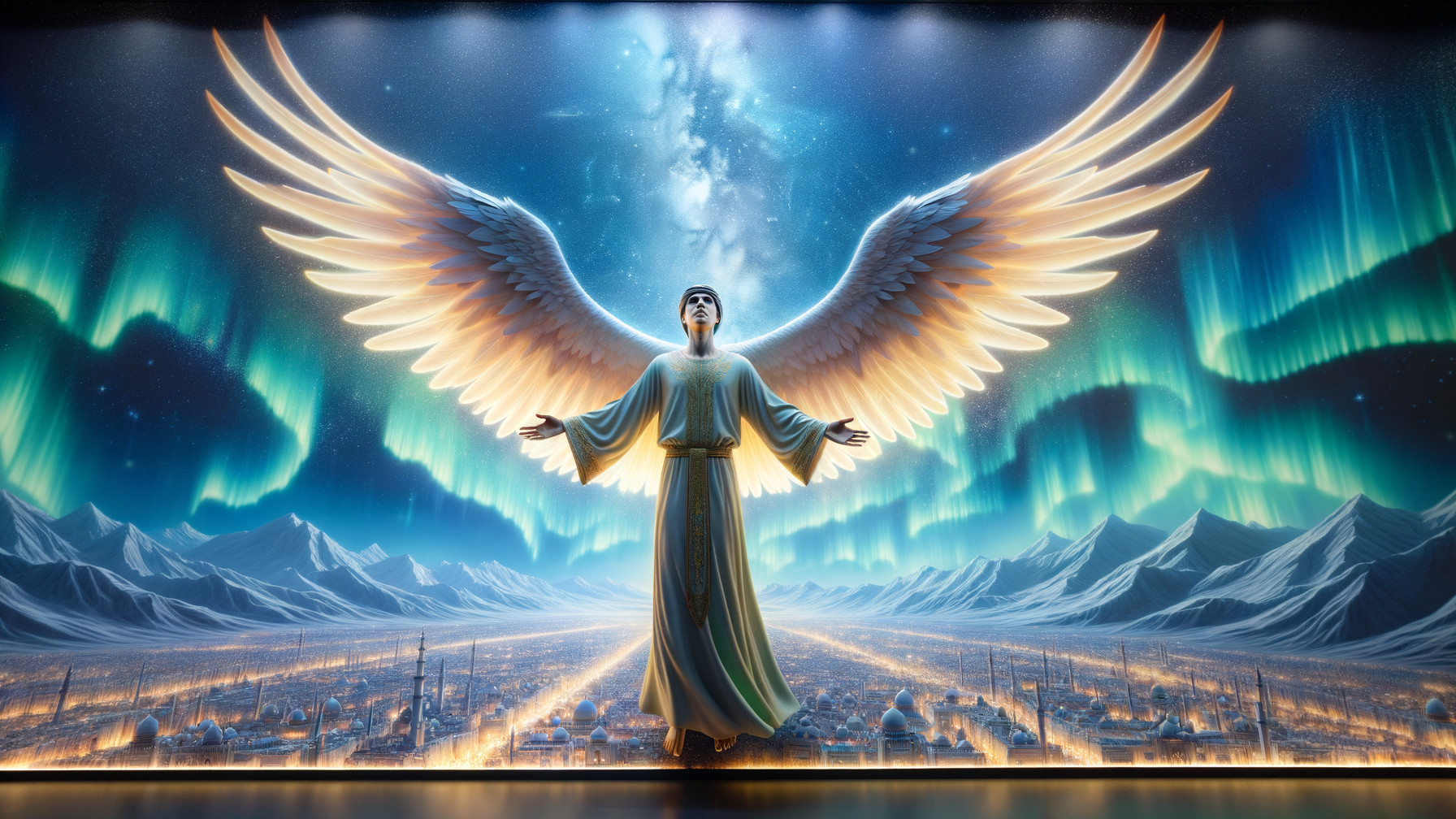 Majestic angel with wings amidst vibrant auroras