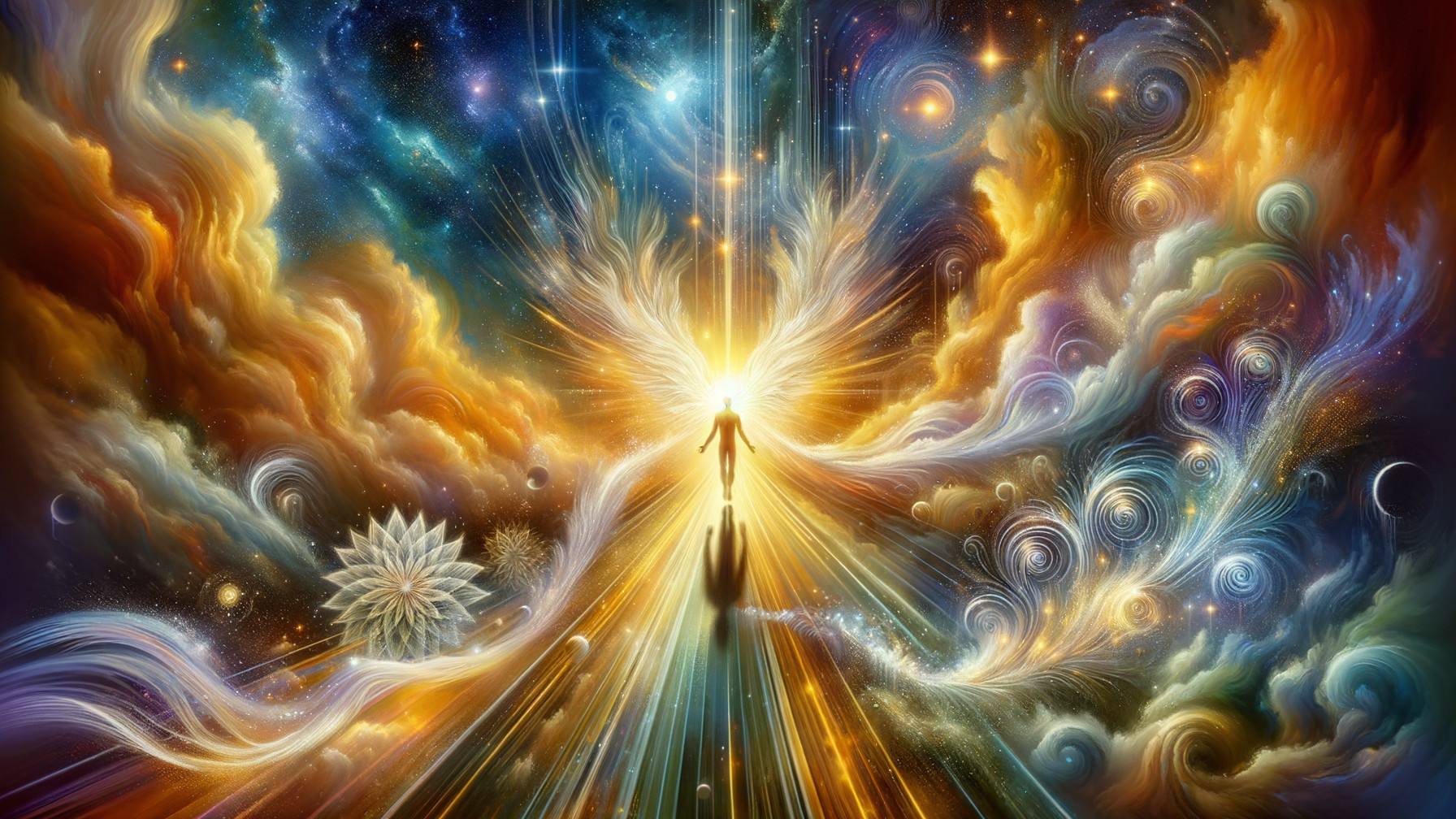 Cosmic Landscape with Radiant Figure and Colors