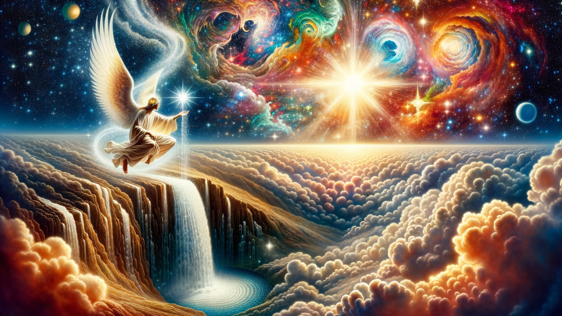 Majestic angel above luminous waterfall in cosmic scene