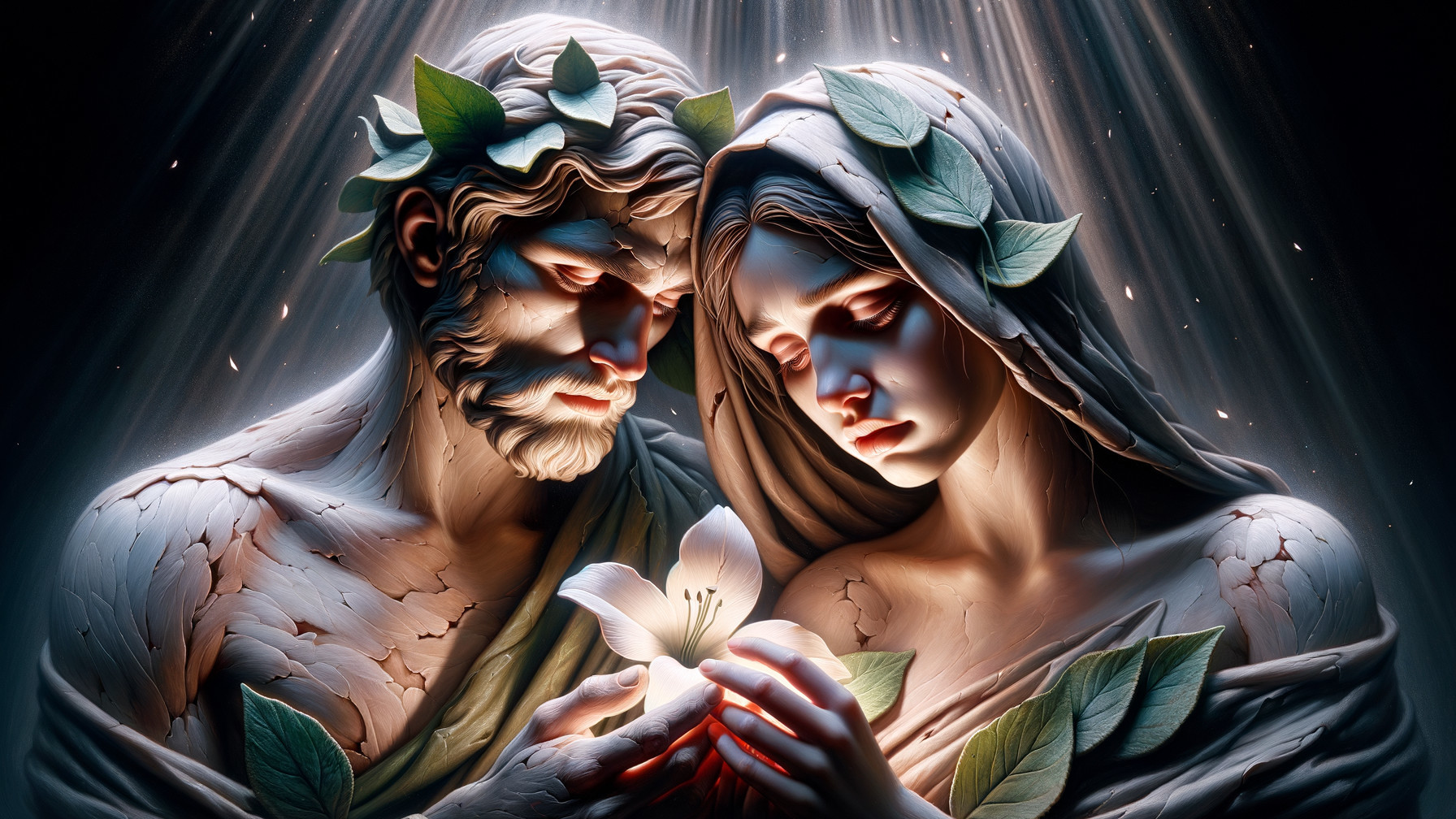 Stone Carving of Embracing Couple Surrounded by Nature