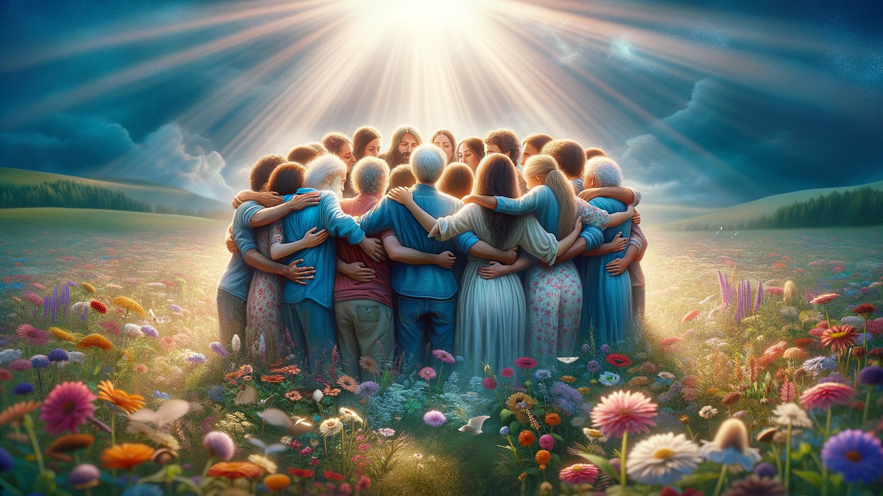 Diverse Group Embracing in Flower-Filled Meadow