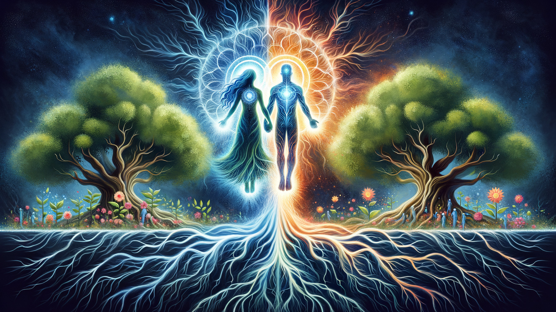 Cosmic Scene with Silhouetted Figures and Nature Elements