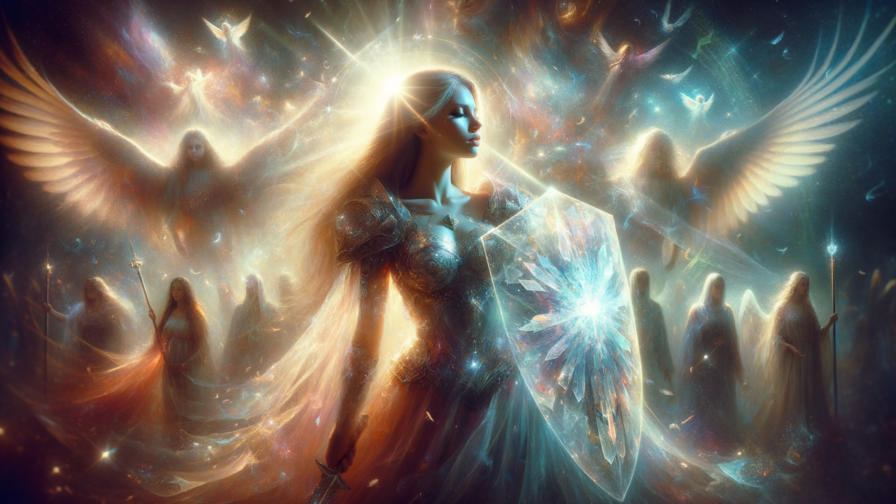 Radiant Warrior in Ethereal Light and Angelic Figures