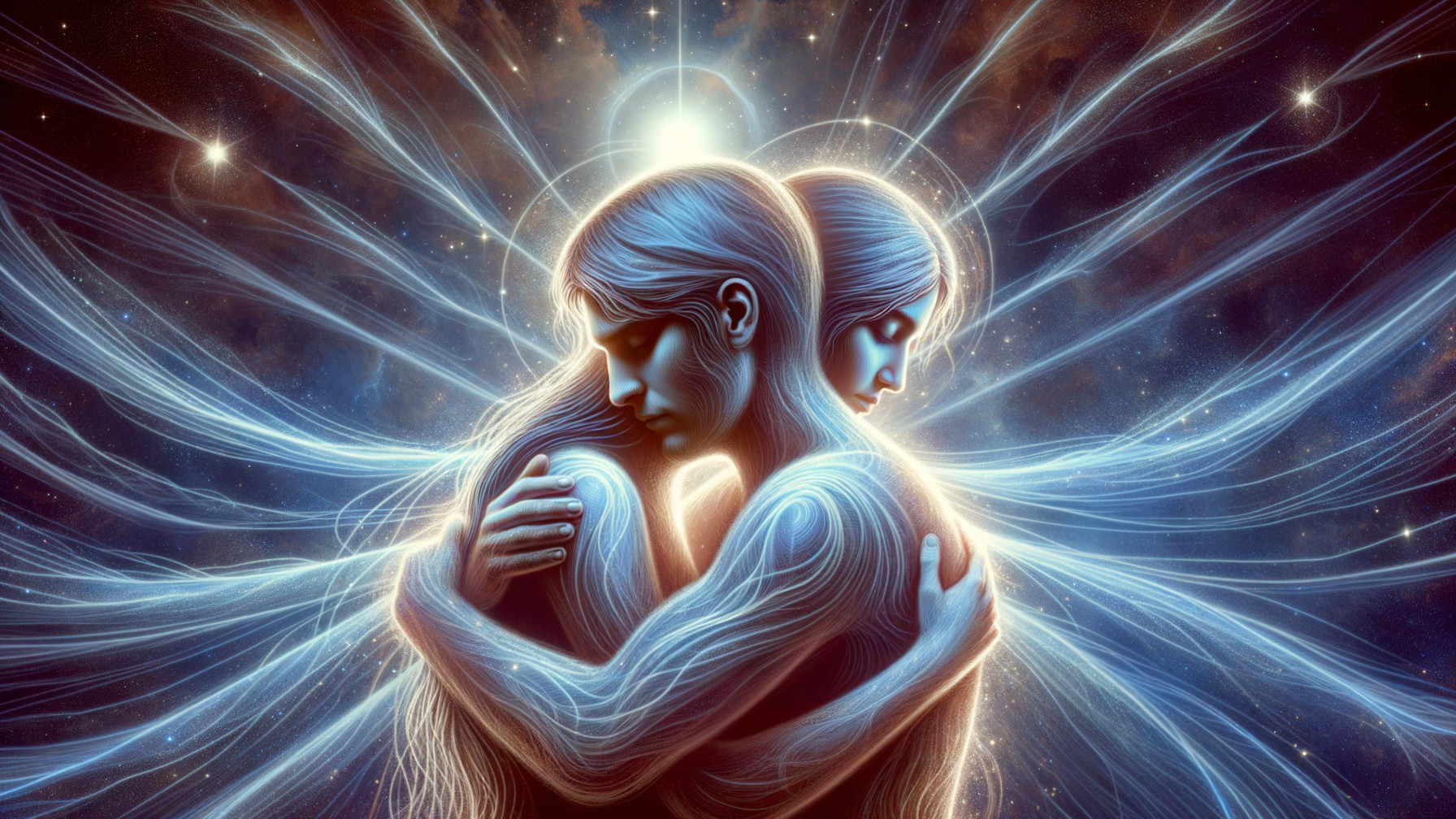 Ethereal Figures Embracing in Celestial Atmosphere